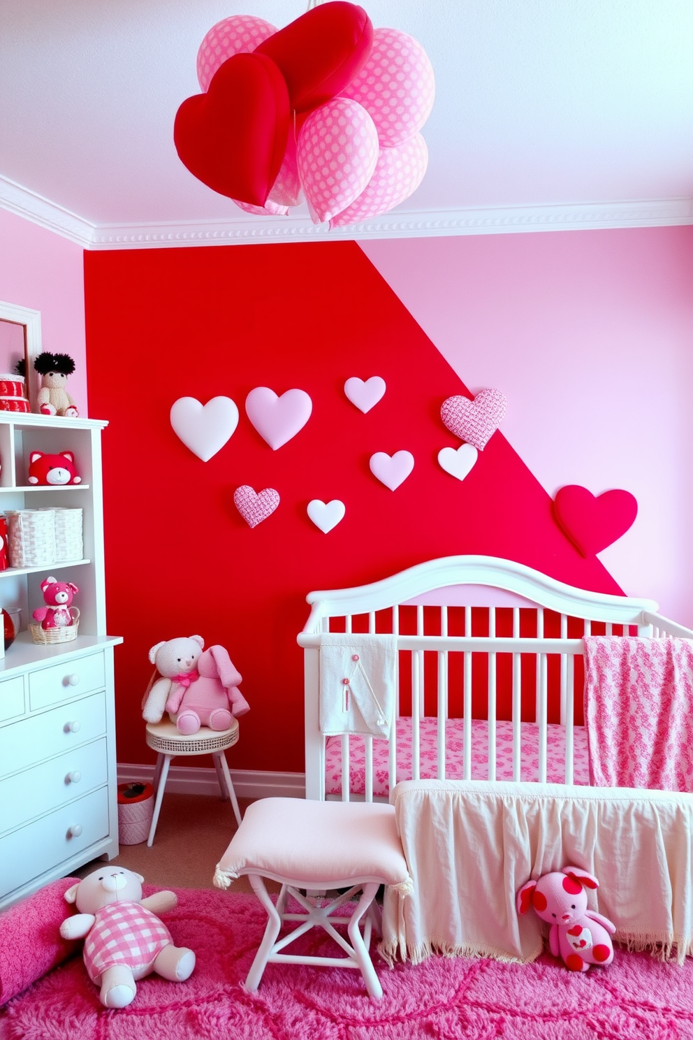 A cozy nursery featuring a red and pink accent wall that creates a warm and inviting atmosphere. Soft pastel furnishings complement the vibrant colors, with plush toys and heart-themed decorations scattered throughout the space.