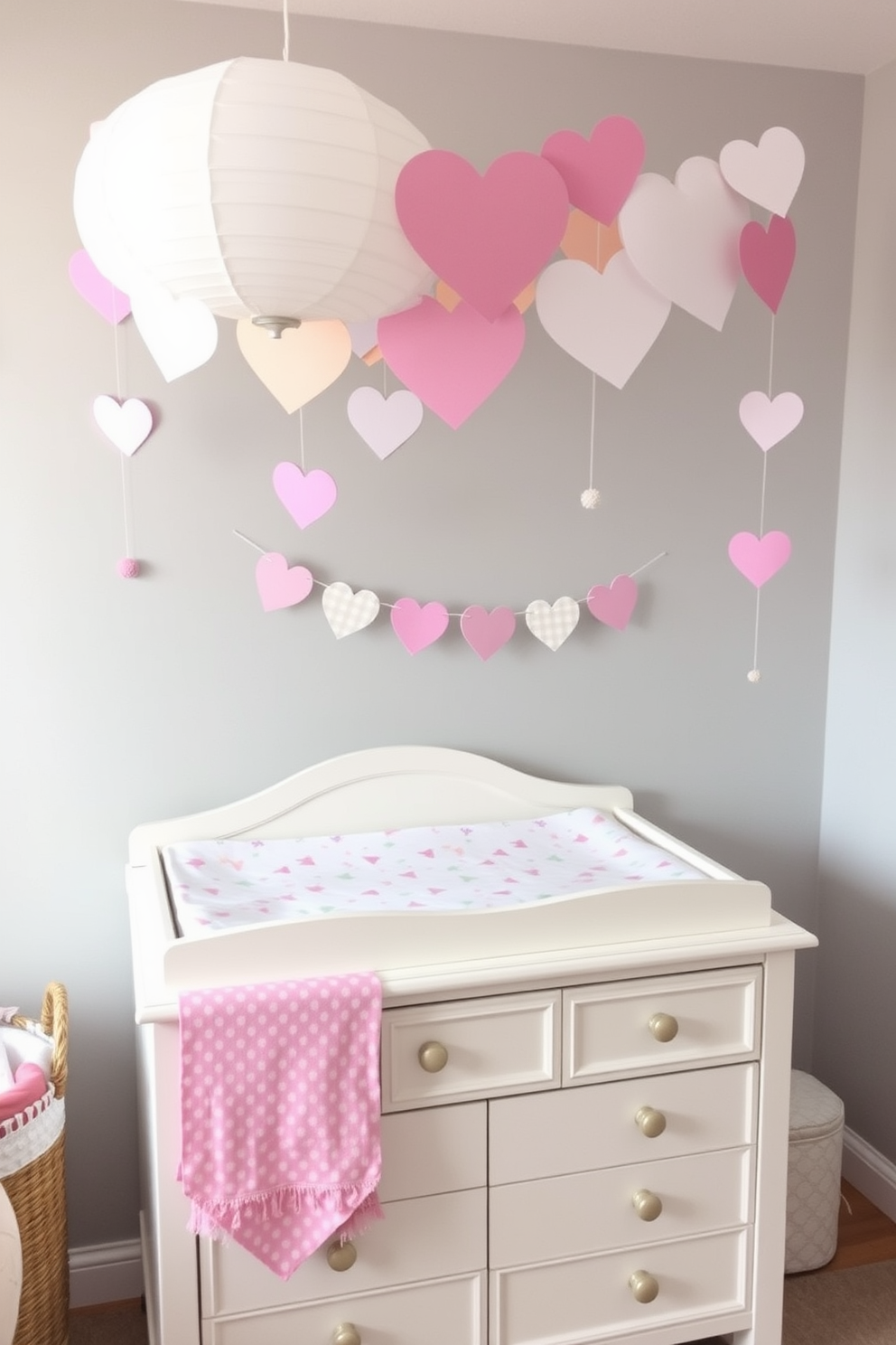 A cozy nursery filled with Valentine themed toys nestled in woven baskets. Soft pastel colors dominate the space, with heart-shaped pillows scattered across a plush rug. Delicate garlands of paper hearts hang from the ceiling, adding a festive touch. A rocking chair in the corner is draped with a light pink throw blanket, inviting moments of warmth and love.