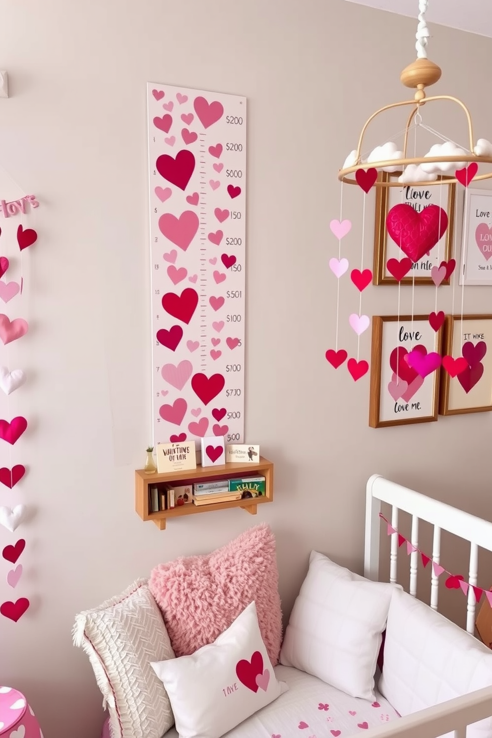 Heart themed growth chart on the wall features a soft pastel color palette with various heart designs in pinks and reds. Below the chart, a cozy reading nook is adorned with plush cushions and a small bookshelf filled with children's books. The nursery is decorated with Valentine's Day accents, including heart-shaped garlands and framed love quotes. A whimsical mobile hangs above the crib, featuring hearts and clouds in complementary colors.