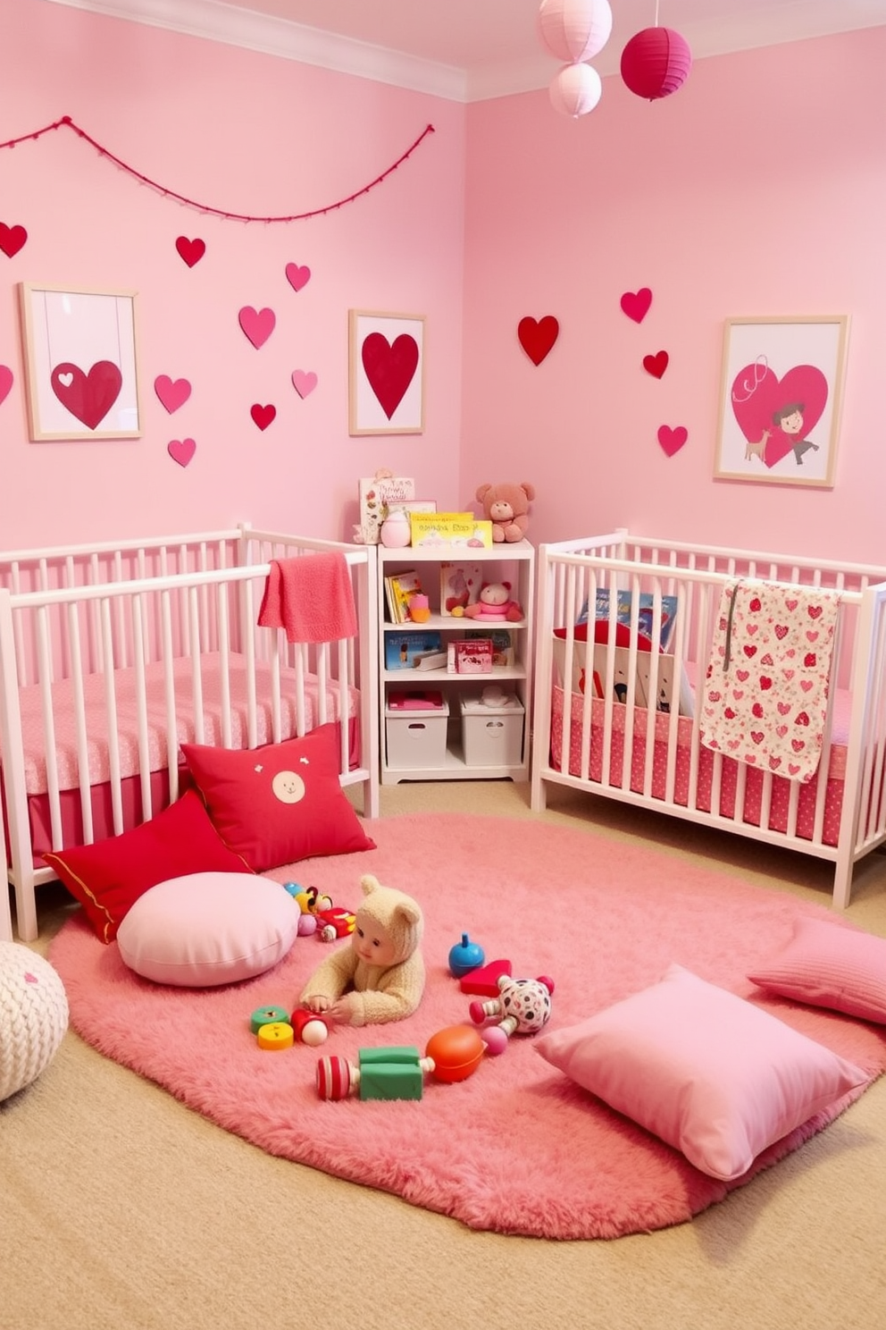 A cozy nursery space designed for sensory play with a Valentine’s Day theme. Soft pastel colors dominate the walls, adorned with heart-shaped decorations and playful wall art. A plush play mat in shades of pink and red covers the floor, surrounded by an array of sensory toys and textured cushions. A small bookshelf filled with Valentine-themed storybooks is positioned in the corner, inviting little ones to explore.