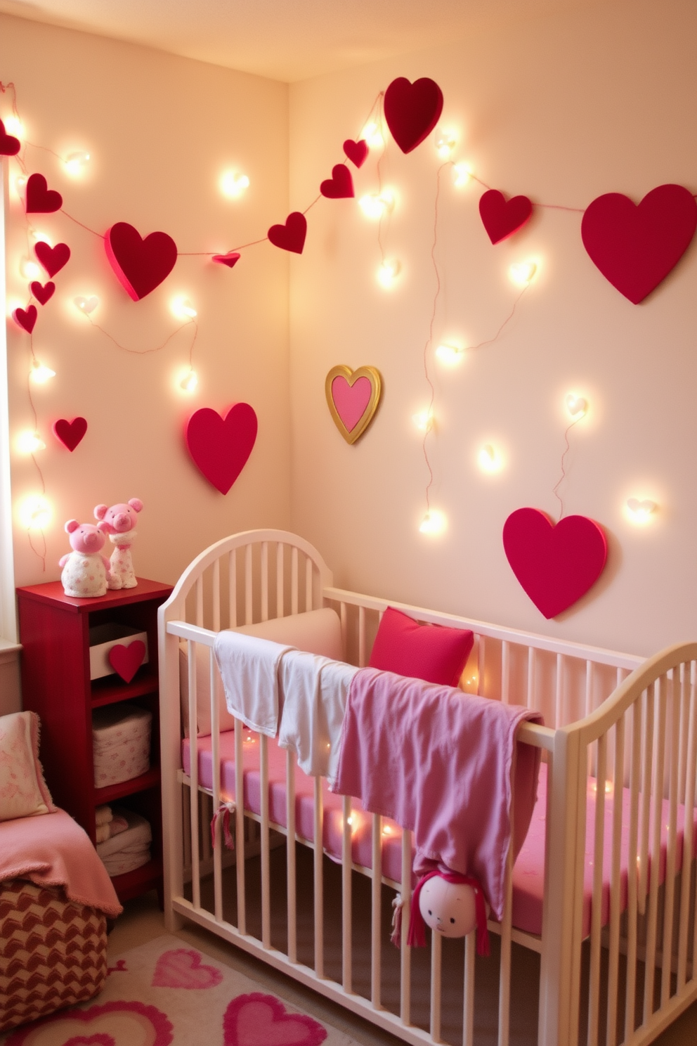 A vibrant heart-shaped tablecloth drapes elegantly over a round wooden table, creating a cheerful focal point in the nursery. Surrounding the table are playful decorations, including stuffed animals and heart-themed wall art that enhance the Valentine's Day spirit.