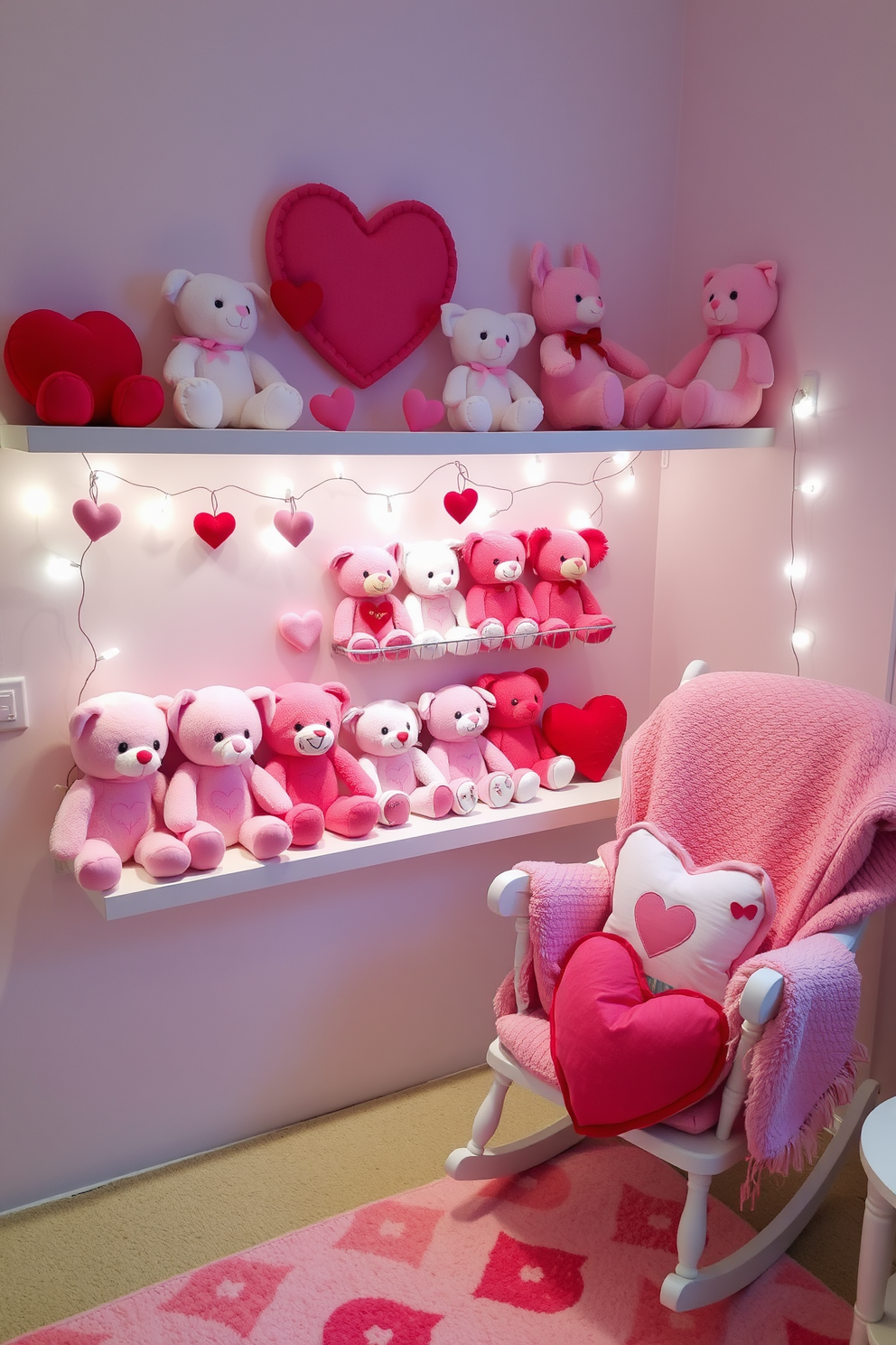 A charming nursery shelf adorned with decorative love-themed books in soft pastel colors. The shelf is accented with plush toys and heart-shaped decor, creating a warm and inviting atmosphere for Valentine's Day.