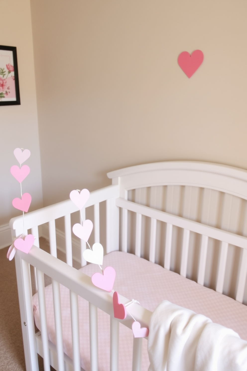 A charming nursery adorned with a DIY heart garland draped gracefully across the crib. The garland features an array of soft pastel colors, creating a warm and inviting atmosphere perfect for Valentine's Day.