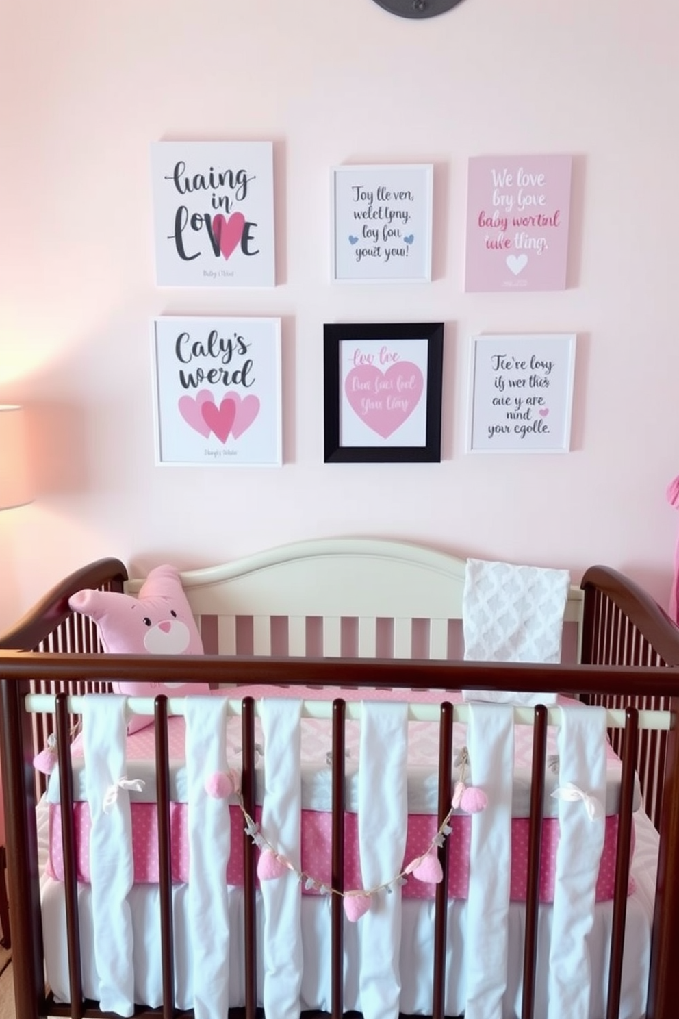 A charming nursery display featuring an array of Valentine themed stuffed animals arranged on a soft pastel colored shelf. The backdrop is adorned with heart-shaped garlands and delicate pink curtains, creating a warm and inviting atmosphere.