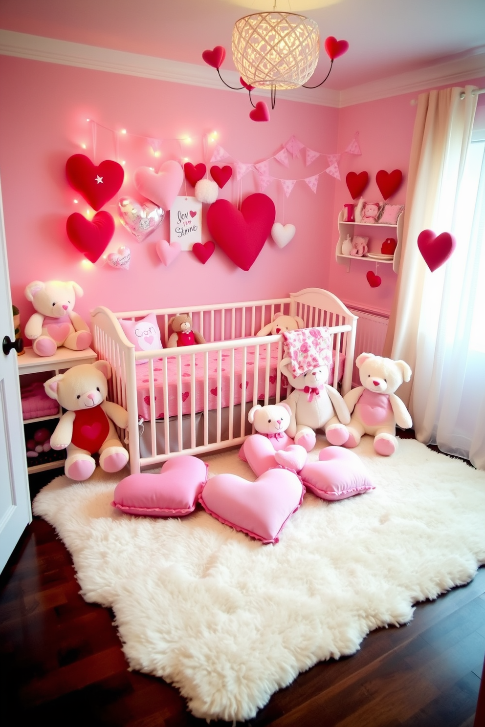 A charming nursery adorned with a collection of Valentine themed plush toys. The soft pastel colors create a warm and inviting atmosphere, with heart-shaped cushions scattered across a cozy rug.