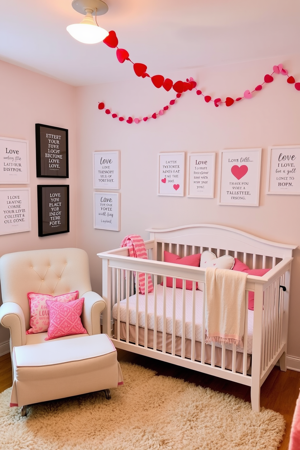 A cozy nursery filled with love quotes framed on the walls. Soft pastel colors dominate the space, with a comfortable rocking chair in the corner and a plush rug on the floor. Valentines Day decorating ideas bring warmth and joy to the room. Heart-shaped pillows are scattered on the crib, and delicate garlands of red and pink hang above the window.