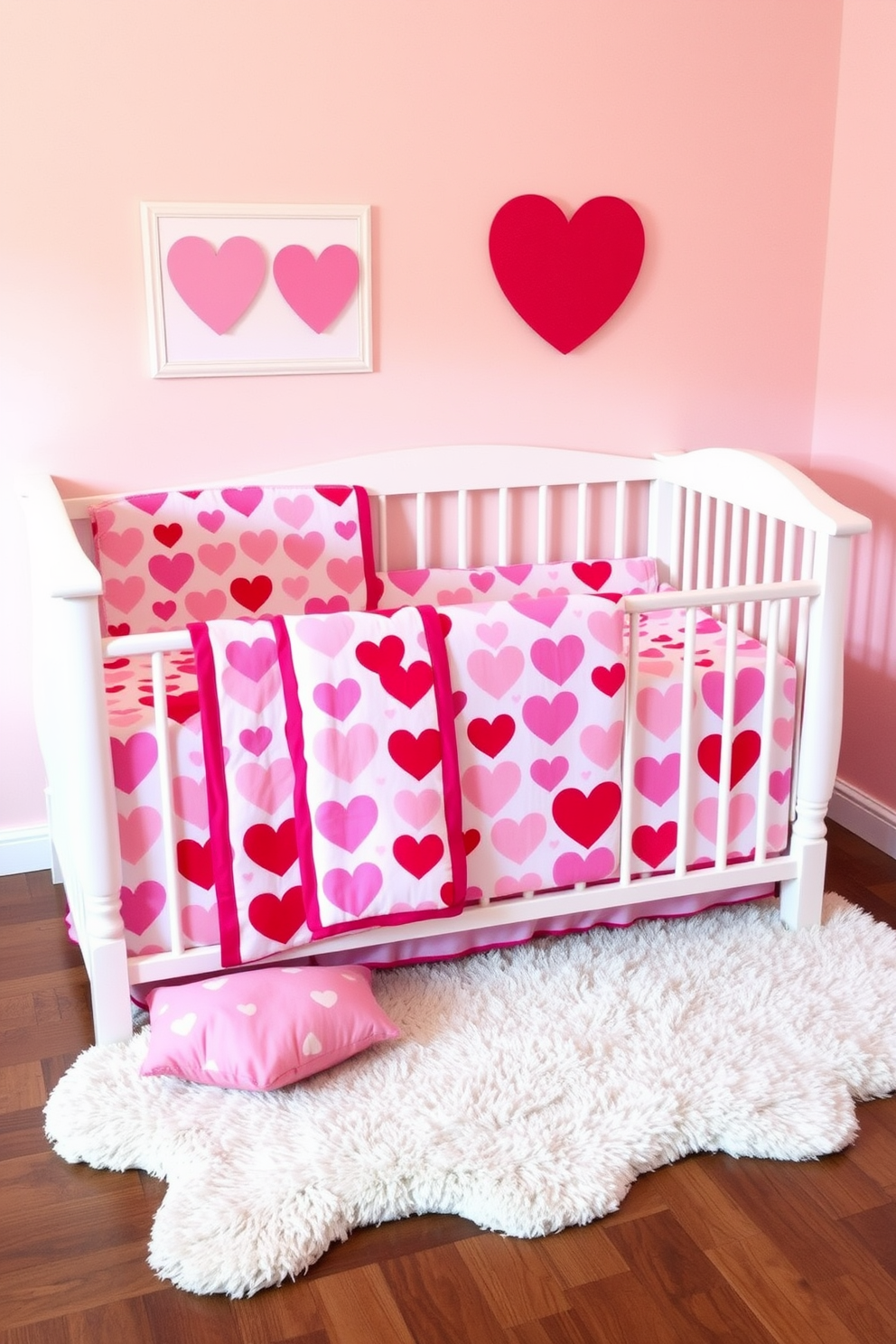 A cozy nursery featuring heart patterned bedding sets for cribs. The bedding is soft and inviting, adorned with various shades of pink and red to celebrate Valentine's Day. The walls are painted in a gentle pastel hue, creating a warm and cheerful atmosphere. A plush rug sits on the floor, adding comfort and a playful touch to the space.