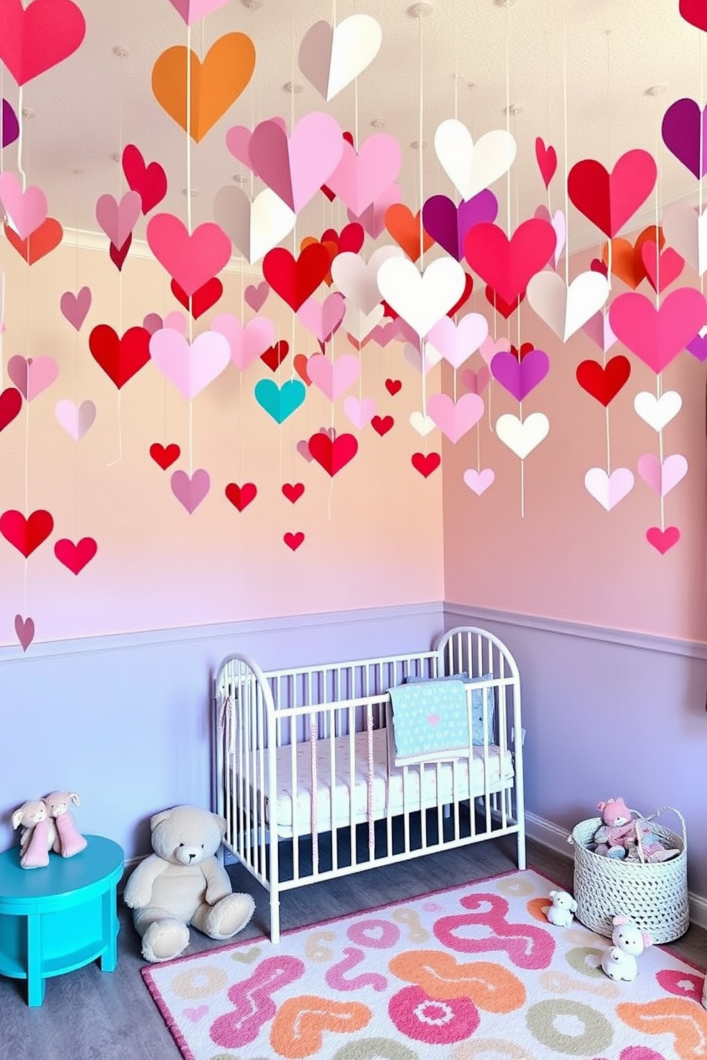 A whimsical nursery setting adorned with hanging paper hearts from the ceiling creates a festive atmosphere. The walls are painted in soft pastel colors, and a cozy crib is placed in the corner, surrounded by plush toys and a colorful rug.