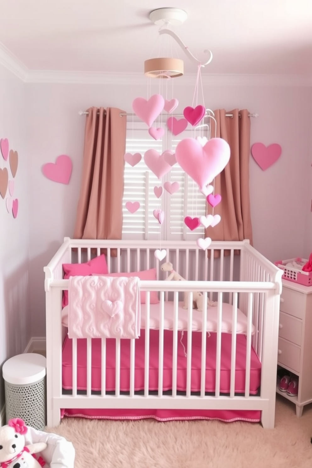 A cozy nursery decorated for Valentine's Day. Soft pastel colors fill the room, with heart-shaped mobiles hanging gently above the crib, creating a whimsical atmosphere.