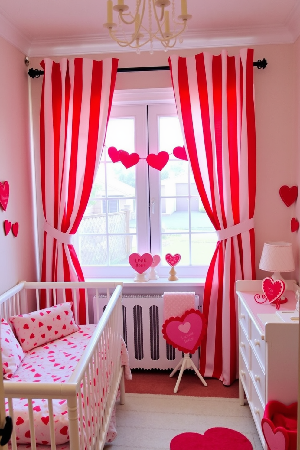 A cozy nursery adorned with red and white striped curtains that softly frame the window. The room features playful accents with heart-shaped decorations and pastel-colored furniture to celebrate Valentine's Day.