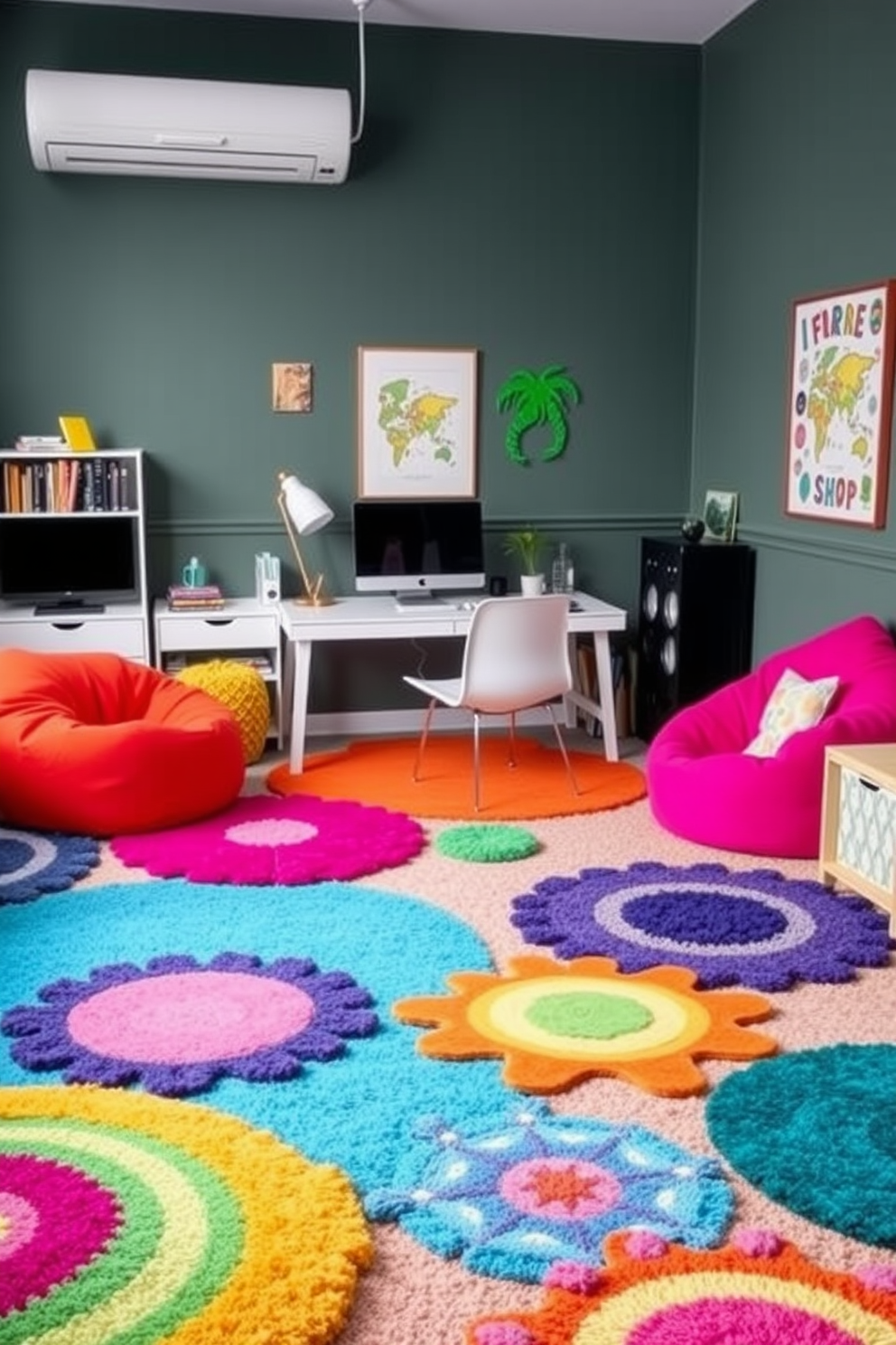 Bright colorful rugs for playful atmosphere. The room features a variety of vibrant rugs in different shapes and sizes, creating a cheerful and inviting space. Office playroom design ideas. The area combines functional office elements with playful decor, including a desk surrounded by colorful bean bags and wall art that inspires creativity.