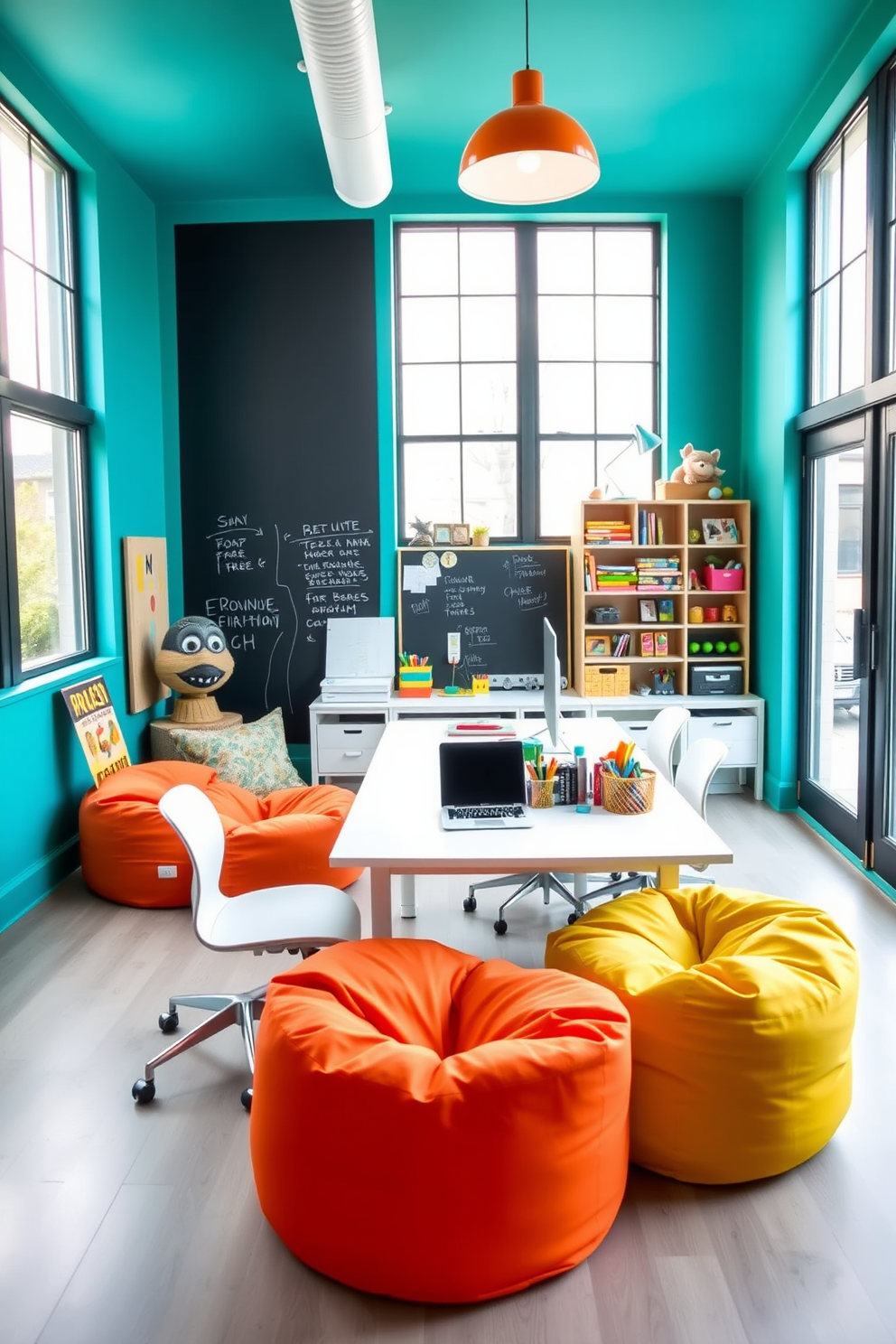 A vibrant office playroom features a bright teal accent wall that energizes the space. Colorful bean bags in shades of orange and yellow are scattered around a modern white desk with playful stationery. The room includes a chalkboard wall for creativity and brainstorming. Large windows allow natural light to flood in, creating an inviting atmosphere for work and play.