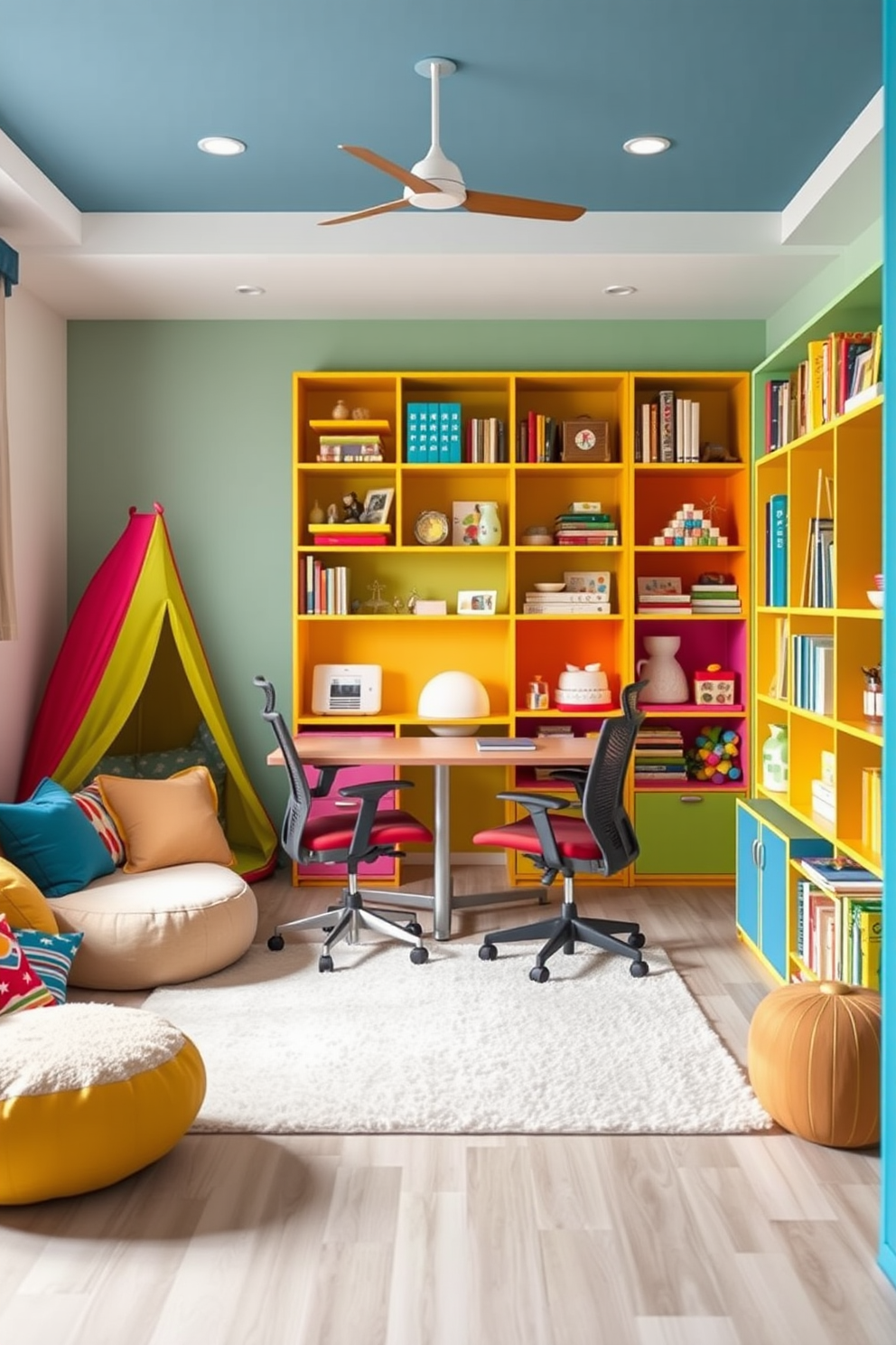 A vibrant playroom designed for creativity and fun. The space features a cozy corner with a colorful play tent, surrounded by plush cushions and a soft area rug. In the center, a stylish desk is paired with ergonomic chairs, providing a perfect workspace for both kids and adults. Brightly colored shelves are filled with books, toys, and art supplies, encouraging imaginative play and learning.