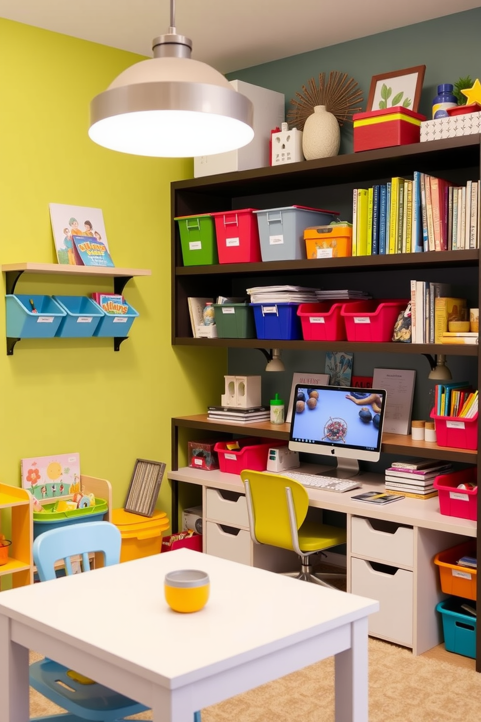 A vibrant playroom designed for creativity and organization. The room features wall-mounted shelves filled with colorful bins and books, creating an engaging atmosphere for play and learning. The office area is seamlessly integrated into the playroom, providing a functional workspace. Wall-mounted shelves above the desk showcase neatly arranged supplies and inspiring decor, promoting productivity in a playful environment.