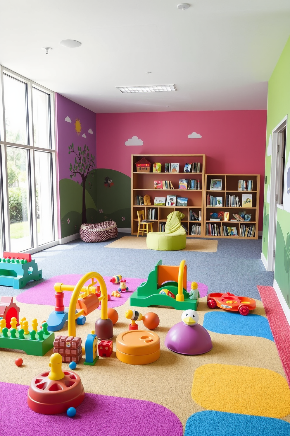 An interactive play area designed for children features colorful sensory toys arranged on soft, cushioned flooring. The walls are painted in bright, cheerful colors, with playful murals that stimulate creativity and imagination. Incorporated into the space is a cozy reading nook with bean bags and shelves filled with books. Natural light floods the room through large windows, creating an inviting atmosphere for both play and learning.