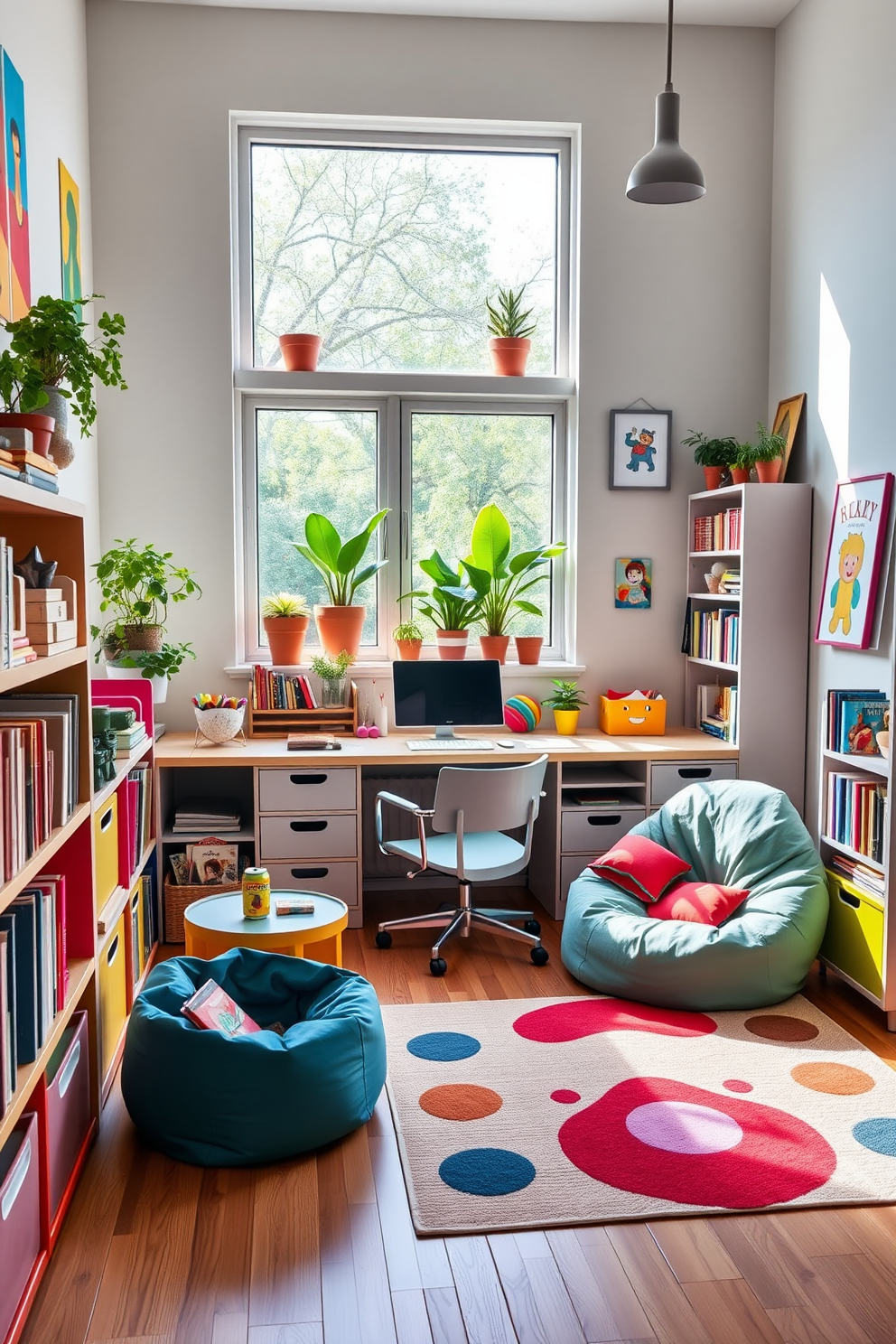 A versatile office playroom designed with a foldable table that allows for easy transitions between work and play. The space features colorful shelving units filled with books and toys, creating an inviting atmosphere for both productivity and creativity.