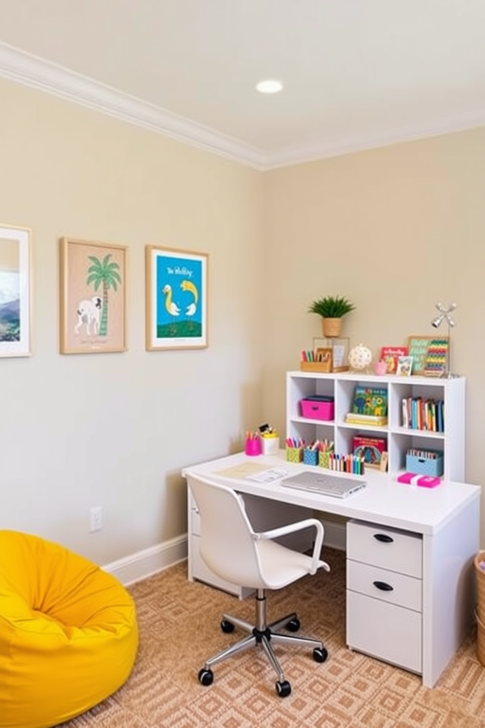 A vibrant playroom designed for creativity and fun. The walls are painted in a cheerful light blue, and colorful artwork adorns the space. In one corner, there are wall-mounted organizers filled with art supplies, toys, and books. A cozy reading nook with a plush bean bag chair invites children to relax and explore their imagination.