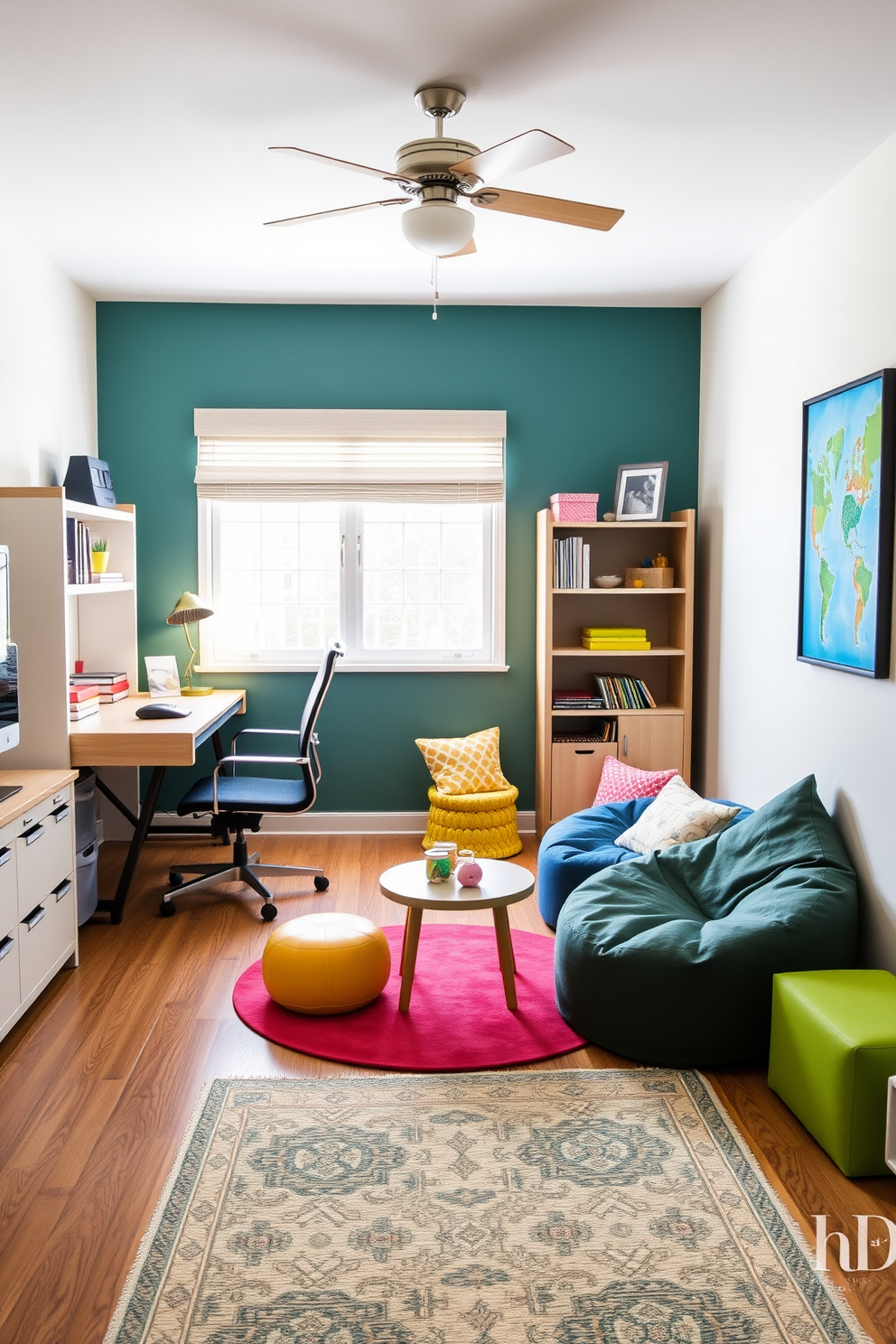 Create a vibrant gallery wall showcasing children's artwork. The wall is filled with colorful frames of various sizes, displaying drawings and paintings that celebrate creativity and imagination. Incorporate a playful office playroom design that blends work and play. The space features a stylish desk surrounded by fun seating options, with bright colors and whimsical decor that inspire both productivity and creativity.