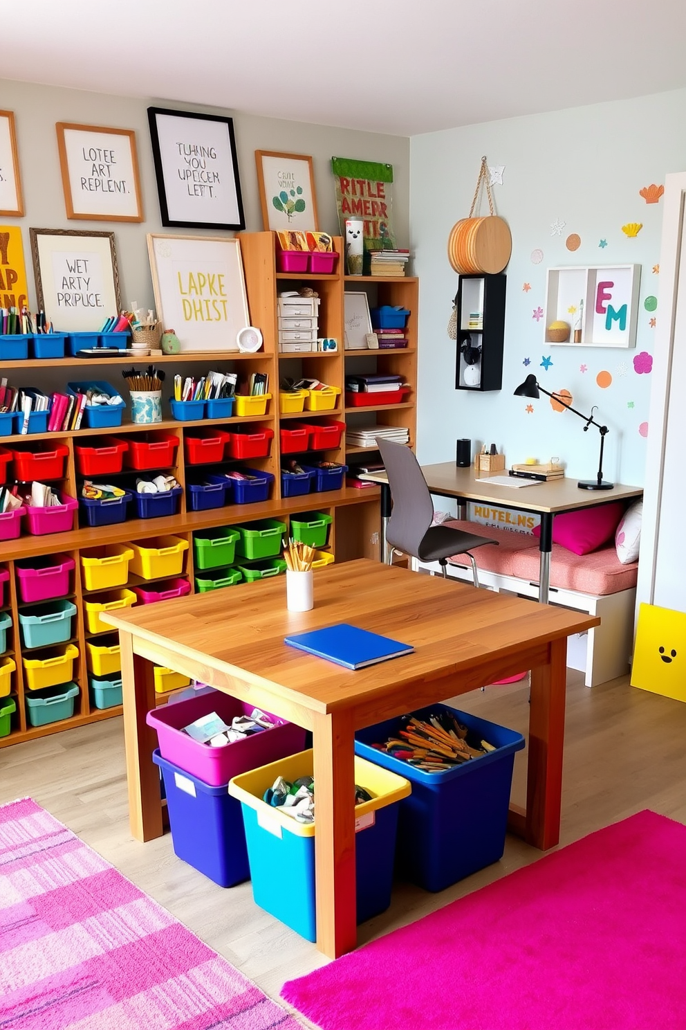 A bright and organized art supplies station features a large wooden table in the center, surrounded by colorful storage bins filled with various art materials. The walls are adorned with inspiring artwork and shelves that display finished projects, creating an inviting and creative atmosphere. The office playroom design combines functionality and fun, with a sleek desk positioned near a cozy reading nook filled with plush cushions. Brightly colored rugs and playful wall decals add a whimsical touch, making it a perfect space for both work and play.