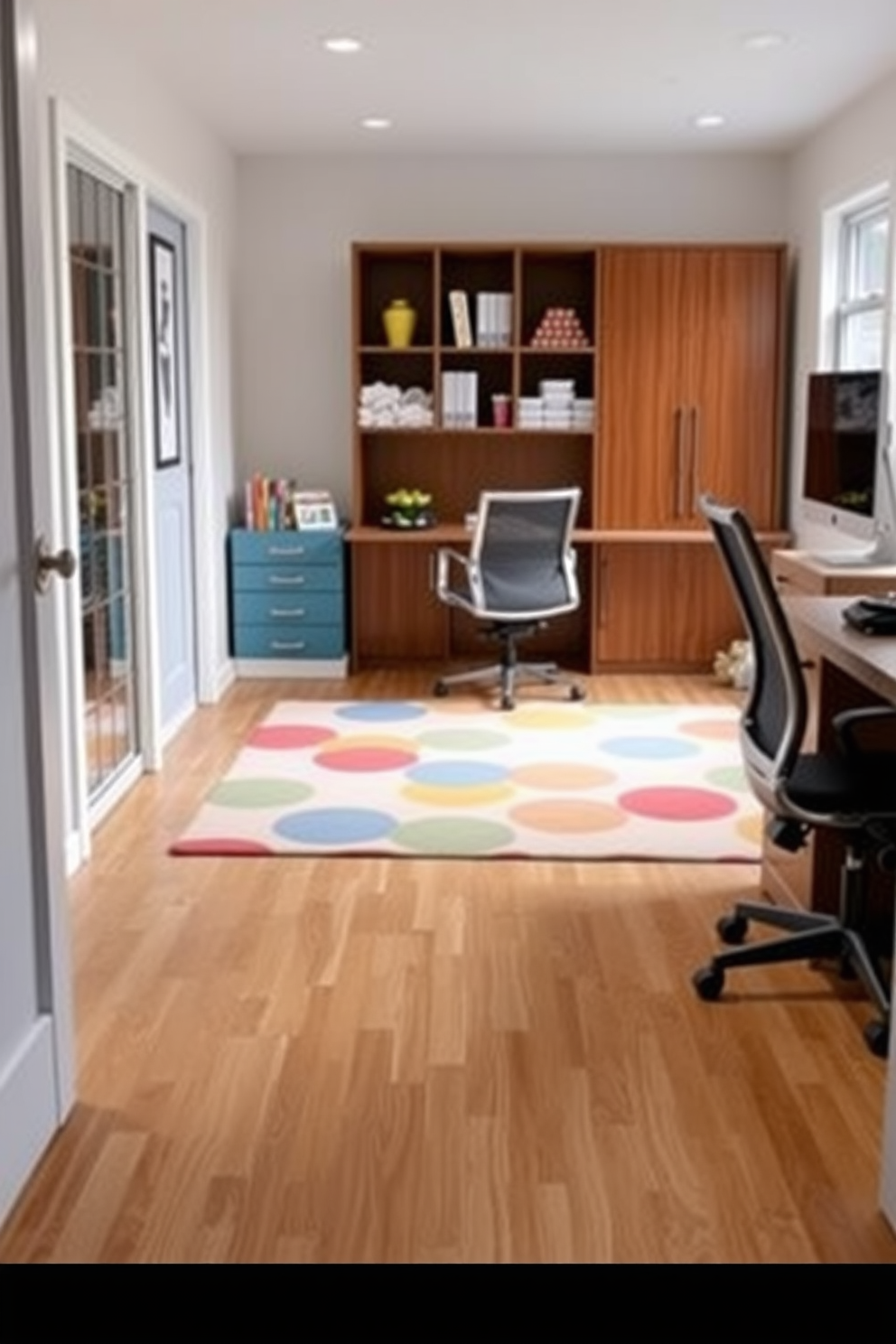 A vibrant office playroom designed for creativity and fun. The space features a small indoor slide that connects a cozy reading nook with a playful workspace. Brightly colored furniture is arranged to encourage collaboration, with a large table for projects and comfortable seating areas. The walls are adorned with inspiring artwork and shelves filled with books and toys, creating an inviting atmosphere for both work and play.