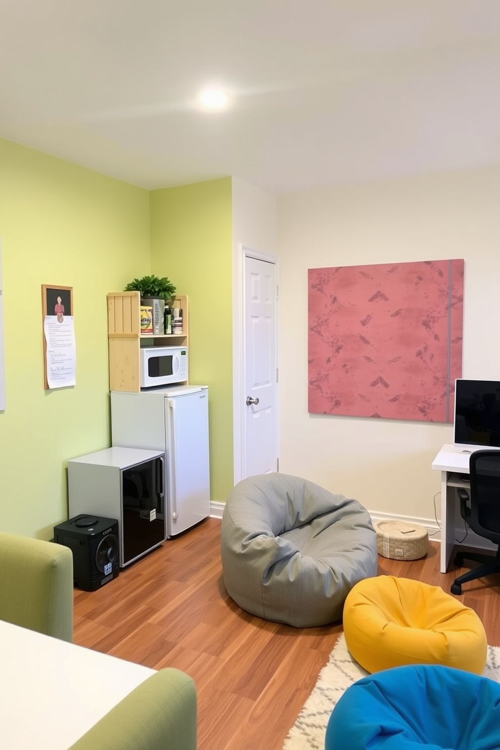 A cozy office playroom with a small kitchenette for snacks. The room features a bright color palette with comfortable seating areas for both work and play. In one corner, a compact kitchenette includes a mini fridge, a microwave, and a coffee maker. Adjacent to the kitchenette, a playful area with a soft rug and bean bags invites relaxation and creativity.