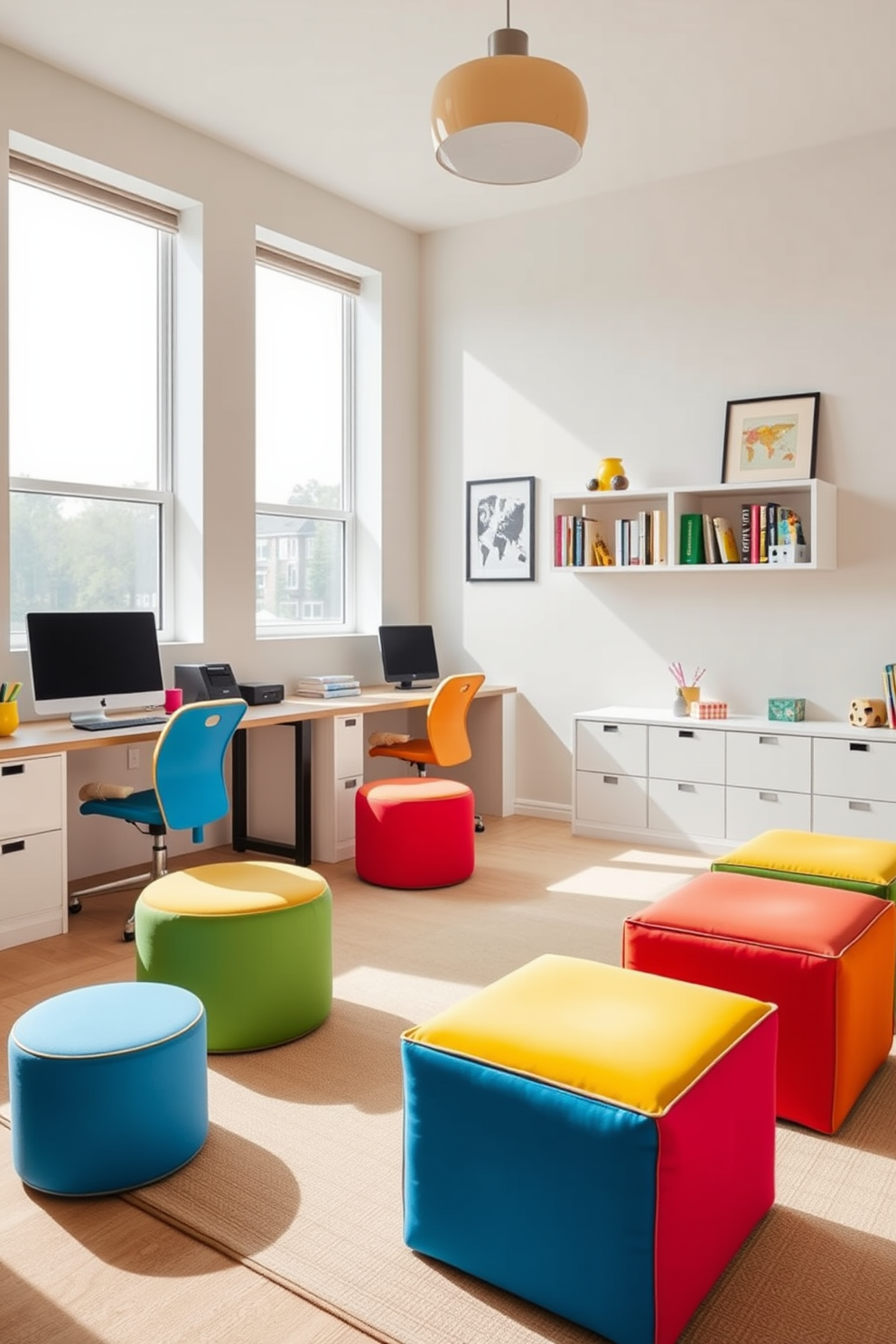 A multifunctional desk with integrated storage solutions occupies a bright corner of the room. The desk features a sleek design with open shelves and drawers, providing ample space for books and office supplies. Incorporating playful elements, the office playroom design includes vibrant colors and creative decor. A comfortable chair and a small table create a cozy reading nook, while wall-mounted storage keeps toys and supplies neatly organized.