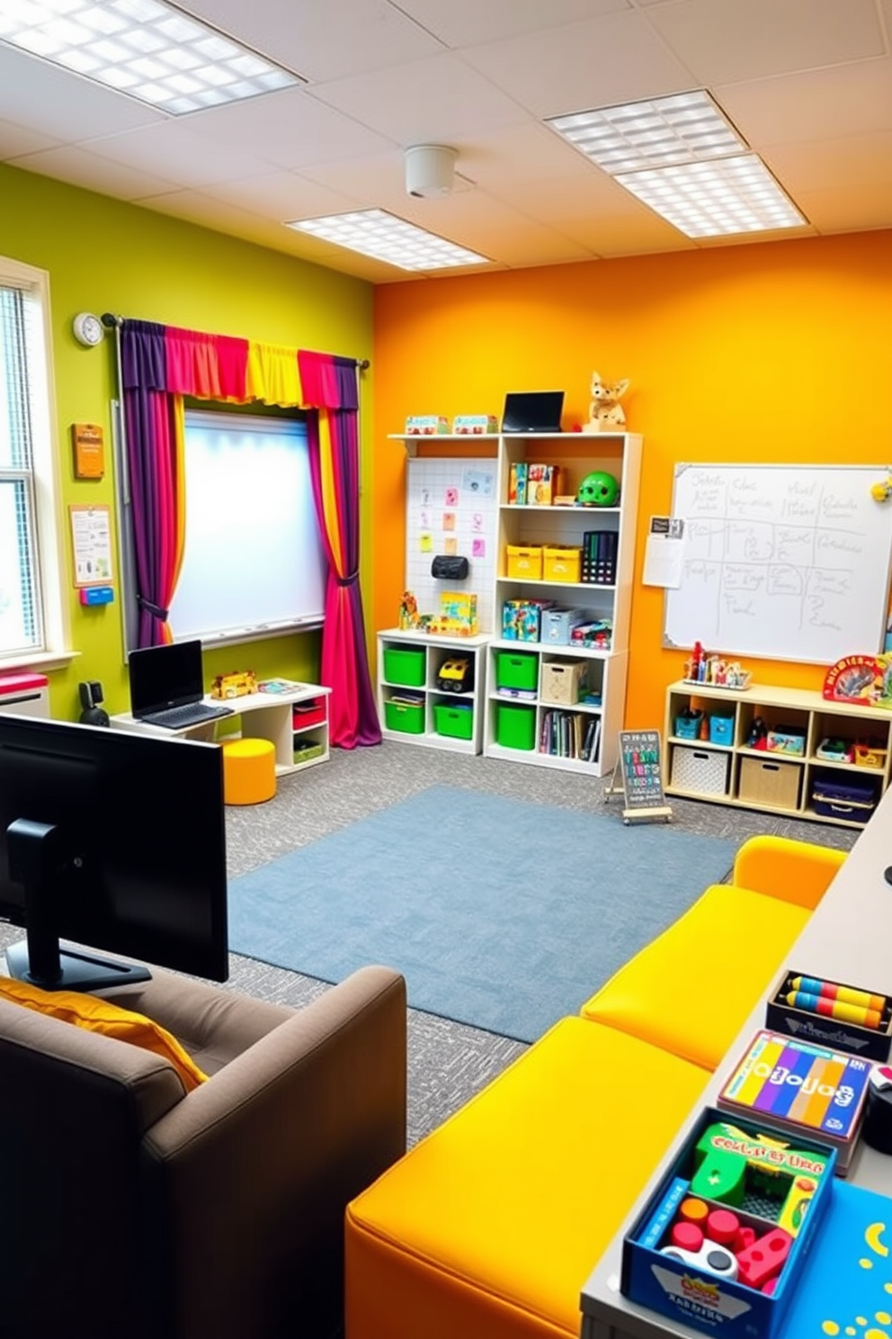 A cozy corner with fairy lights features a plush armchair in a soft pastel color, placed next to a small round side table. The walls are adorned with framed artwork, and the warm glow of fairy lights creates an inviting atmosphere. The office playroom design includes a large, multifunctional desk with ample storage, surrounded by colorful shelving units filled with toys and books. A comfortable rug lies underfoot, providing a soft play area, while bright, cheerful colors dominate the space to inspire creativity.