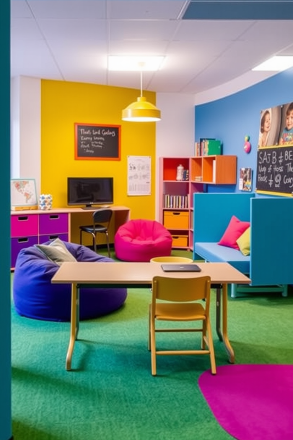 Design a vibrant office playroom that incorporates modular furniture for flexible layouts. Include a colorful seating area with bean bags and a foldable desk that can be easily rearranged to suit different activities. Add interactive zones such as a chalkboard wall and storage solutions that blend style with functionality. Use bright accent colors to create an inviting atmosphere that encourages creativity and collaboration.