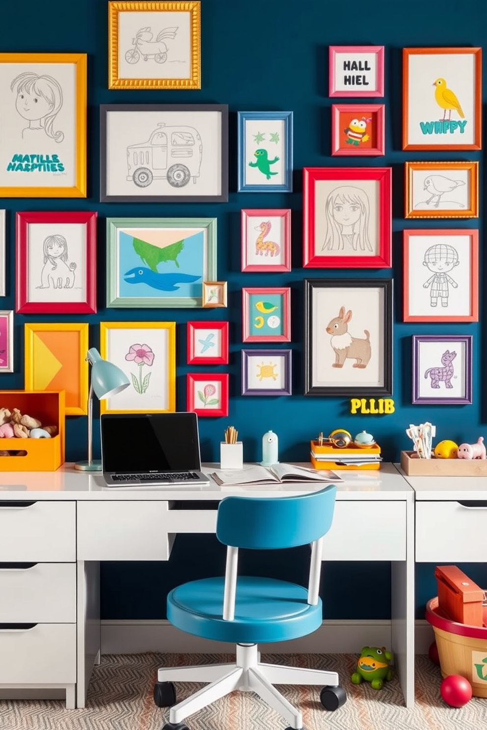 A vibrant office playroom designed for creativity and productivity. The space features a large, durable desk made of reclaimed wood paired with ergonomic chairs in bright colors. The walls are painted in a cheerful yellow, inspiring energy and focus. A cozy reading nook with plush bean bags and a small bookshelf encourages relaxation and imagination.