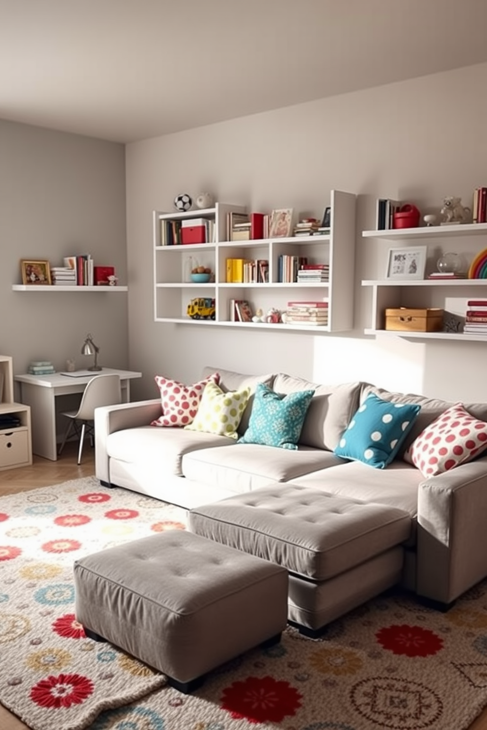 A cozy playroom featuring a plush sectional sofa in soft gray fabric, adorned with colorful throw pillows for added comfort. The walls are painted in a cheerful pastel hue, and a large area rug with playful patterns anchors the space. In one corner, a small desk with a stylish chair offers a dedicated workspace for creative activities. Shelves filled with books and toys line the walls, creating an inviting atmosphere for both play and productivity.