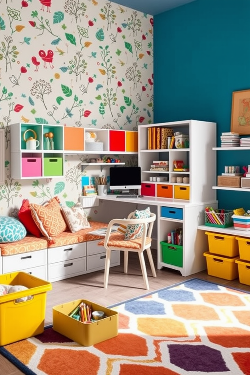 Create a vibrant office playroom that combines functionality with fun. The space features a large desk with colorful storage solutions and playful patterned cushions scattered around a cozy reading nook. Incorporate bright wallpaper with whimsical designs to stimulate creativity. An area rug with geometric shapes anchors the room, while art supplies are neatly organized in cheerful bins.