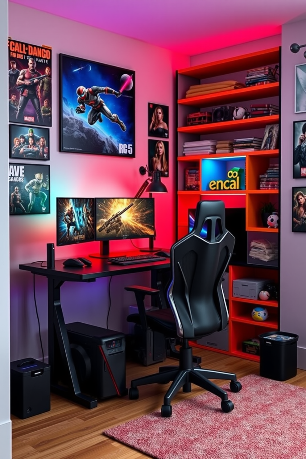 Create a tech corner for a gaming setup featuring a sleek black gaming desk with an ergonomic chair. The desk is equipped with dual monitors, RGB lighting, and a high-performance gaming PC, while the walls are adorned with posters of popular video games. Design an office playroom that combines productivity and fun with a spacious desk for work and a cozy reading nook. Brightly colored shelves display toys and books, and a comfortable rug provides a soft area for relaxation and creativity.