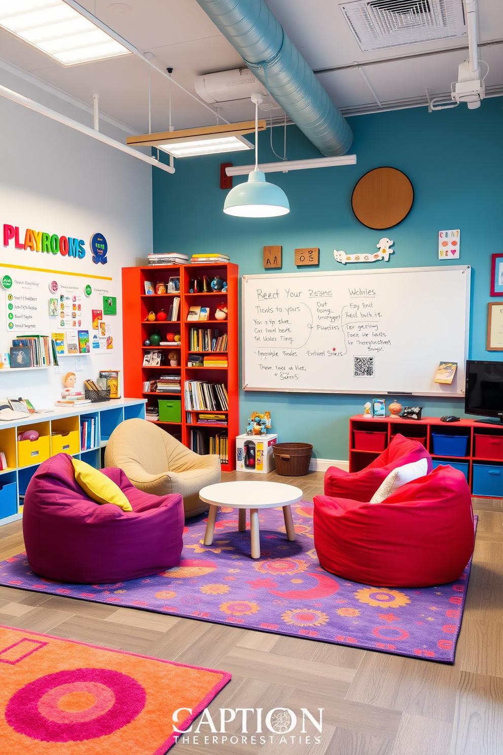 A vibrant office playroom combines functionality and creativity. The space features a large whiteboard mounted on the wall for brainstorming, surrounded by colorful shelving filled with books and toys. A cozy seating area includes bean bags and a small table for collaborative work. Brightly colored rugs and playful artwork enhance the atmosphere, making it an inspiring environment for both work and play.