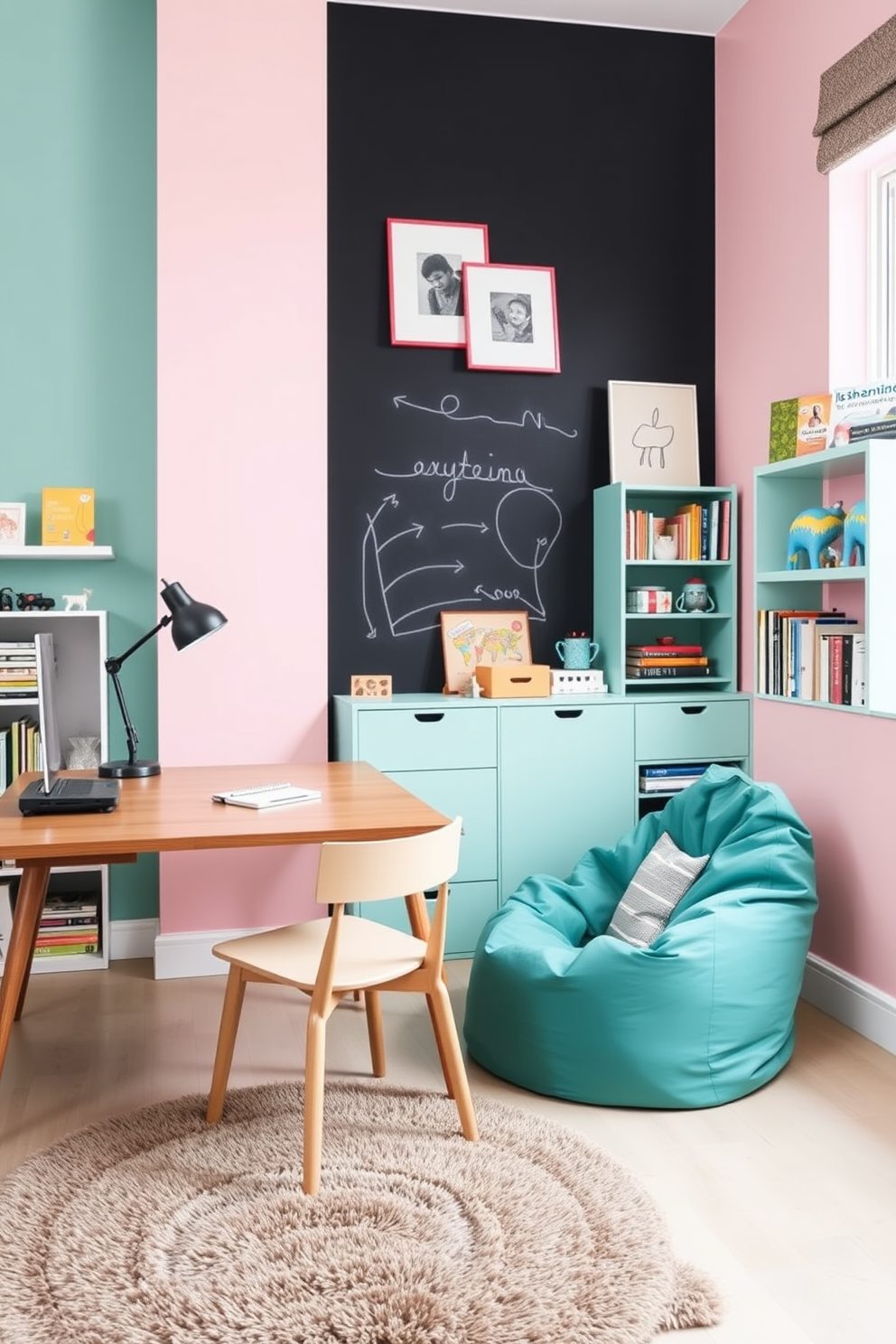 A vibrant office playroom that blends functionality with fun. The space features a sleek wooden desk paired with a cozy bean bag chair, creating an inviting atmosphere for both work and play. Soft pastel colors dominate the walls, while a chalkboard wall adds an interactive element. A plush area rug anchors the seating area, and shelves filled with books and toys provide both organization and inspiration.