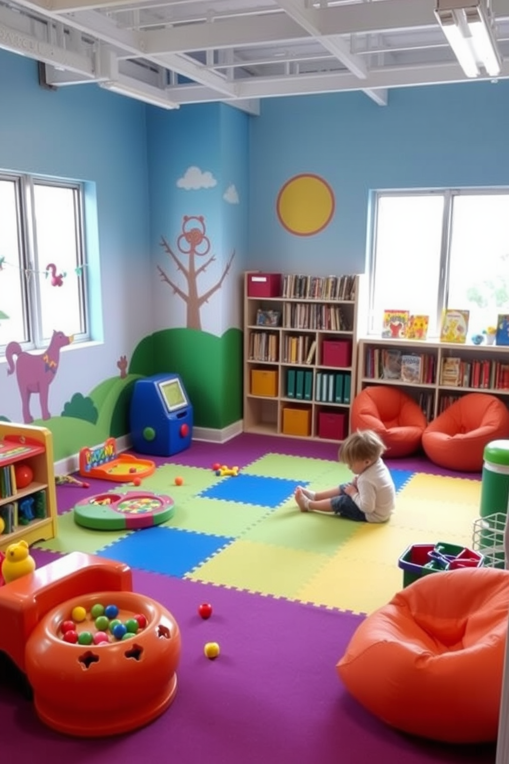 Create a vibrant play area designed for engagement and creativity. The space features colorful wall murals, a soft play mat, and a variety of interactive toys and games. Incorporate a cozy reading nook with bean bags and shelves filled with books. The area is well-lit with natural light streaming through large windows, creating an inviting atmosphere for children to explore and play.