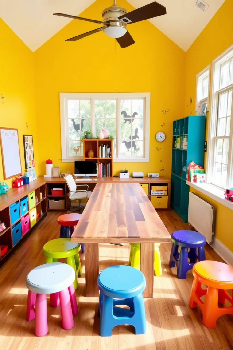 A vibrant playroom office design features a spacious craft table made of reclaimed wood, surrounded by colorful stools for comfort and inspiration. The walls are painted in a cheerful yellow hue, and playful wall decals add a touch of whimsy, while large windows allow natural light to flood the space.