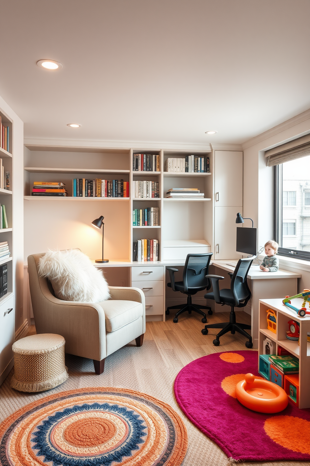 Cozy reading nook with plush cushions. A comfortable armchair is positioned near a large window, surrounded by shelves filled with books and soft lighting. Office Playroom Design Ideas. The workspace features a modern desk with ergonomic seating, while the play area includes vibrant rugs and interactive toys to inspire creativity.