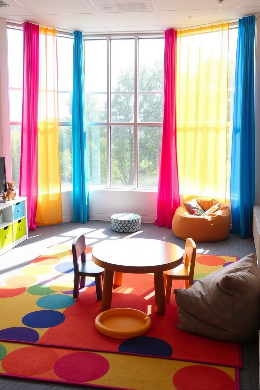 A vibrant office playroom setting. Bright curtains frame large windows, allowing natural light to flood the space, creating an inviting atmosphere. The room features a colorful rug that defines the play area, with playful furniture including a small table and chairs for creative activities. A cozy reading nook with bean bags is tucked into one corner, fostering a sense of comfort and fun.