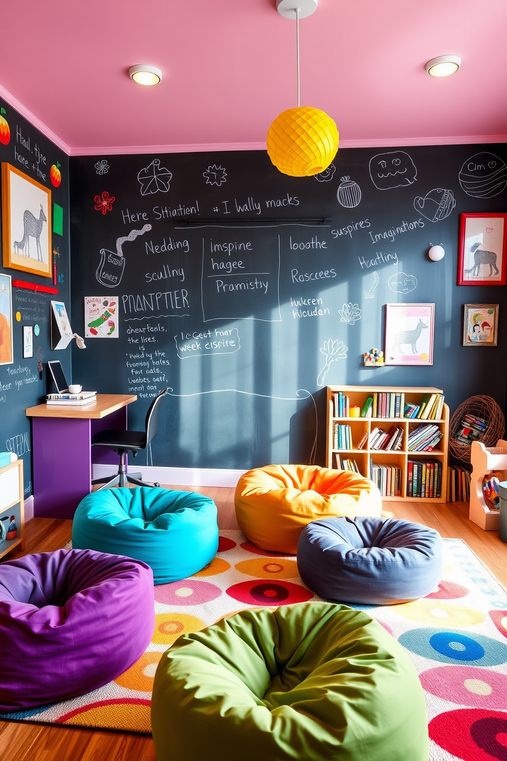 A vibrant office playroom design featuring a large chalkboard wall for creativity. Colorful bean bags are scattered across the floor, and a playful rug adds warmth to the space. The walls are adorned with whimsical art pieces that inspire imagination. A cozy reading nook is created with a small bookshelf filled with playful titles and soft cushions.