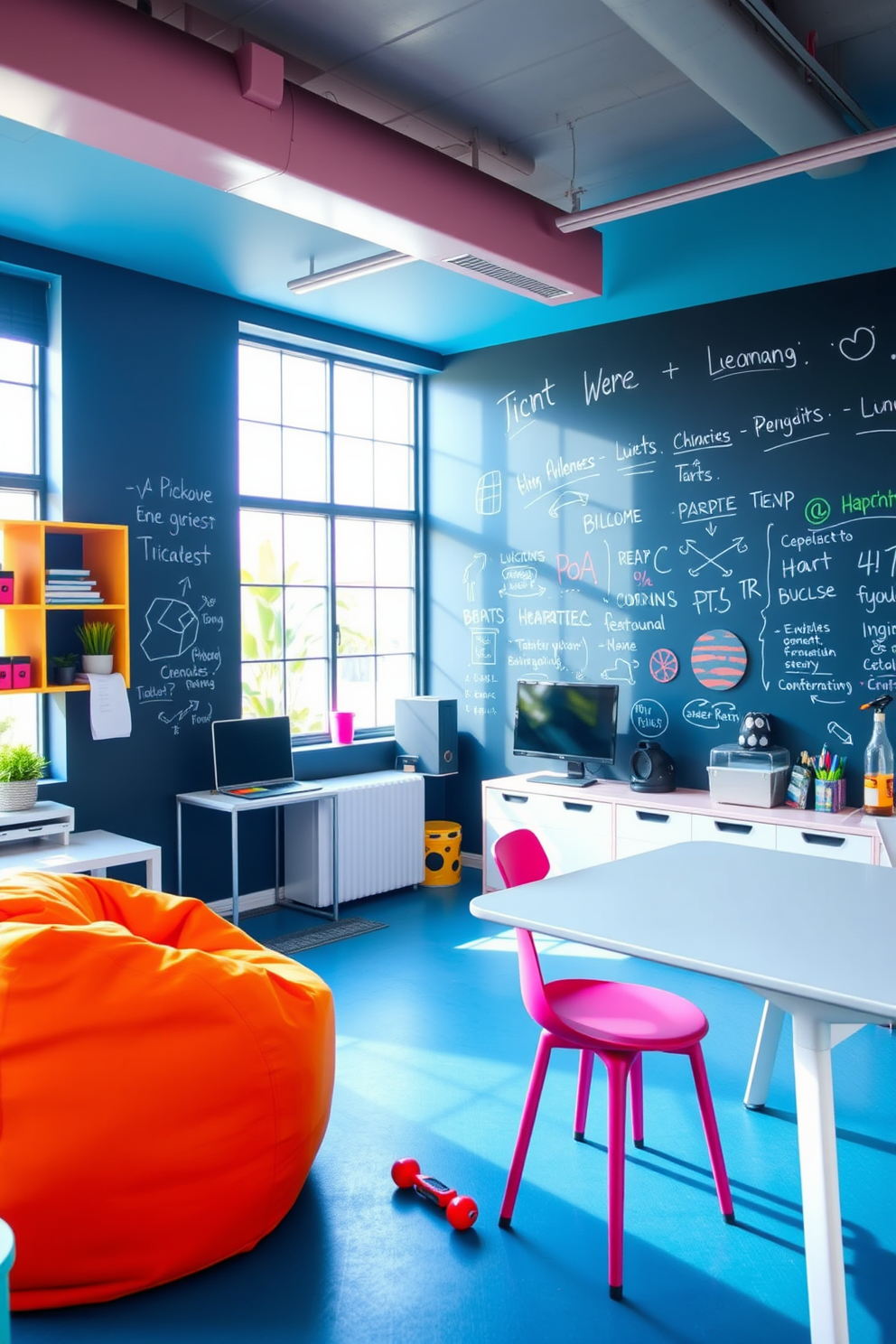 A vibrant office playroom setting designed for creativity and inspiration. The room features a large chalkboard wall, allowing for endless brainstorming and artistic expression. Brightly colored furniture, including a cozy bean bag and a sleek desk, is arranged to encourage collaboration. Natural light floods the space through large windows, enhancing the playful and productive atmosphere.