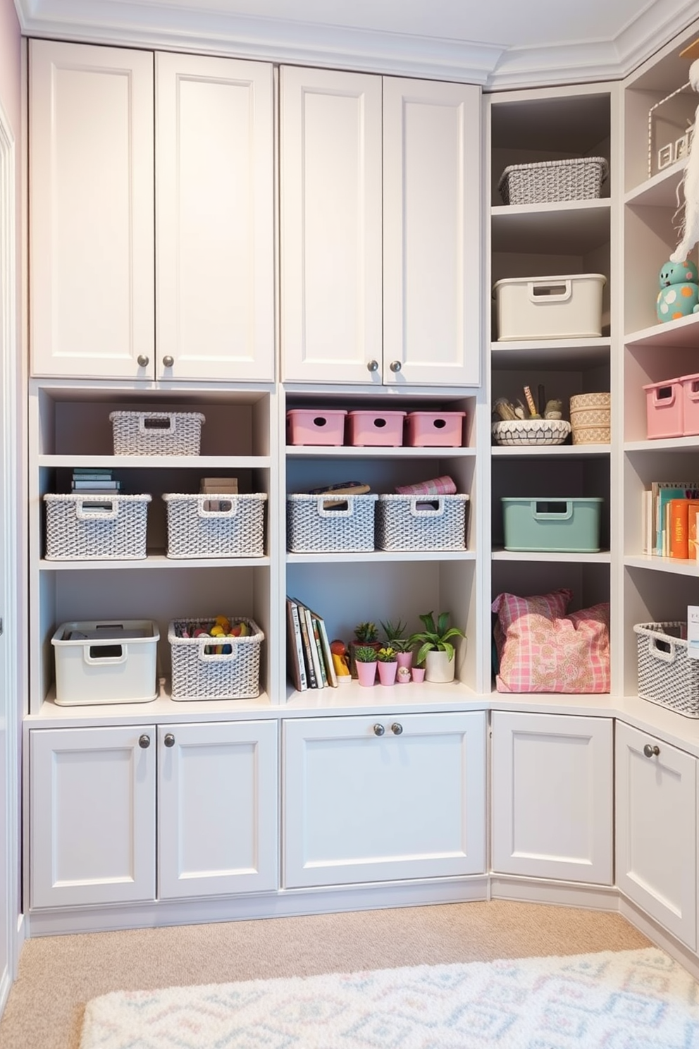 A chic playroom area designed for both functionality and style. The space features custom-built shelving units painted in soft pastel colors to store toys and supplies neatly. Incorporated into the design are playful storage bins and baskets that blend seamlessly with the decor. A cozy reading nook with a small bookshelf invites creativity and relaxation in the office playroom.