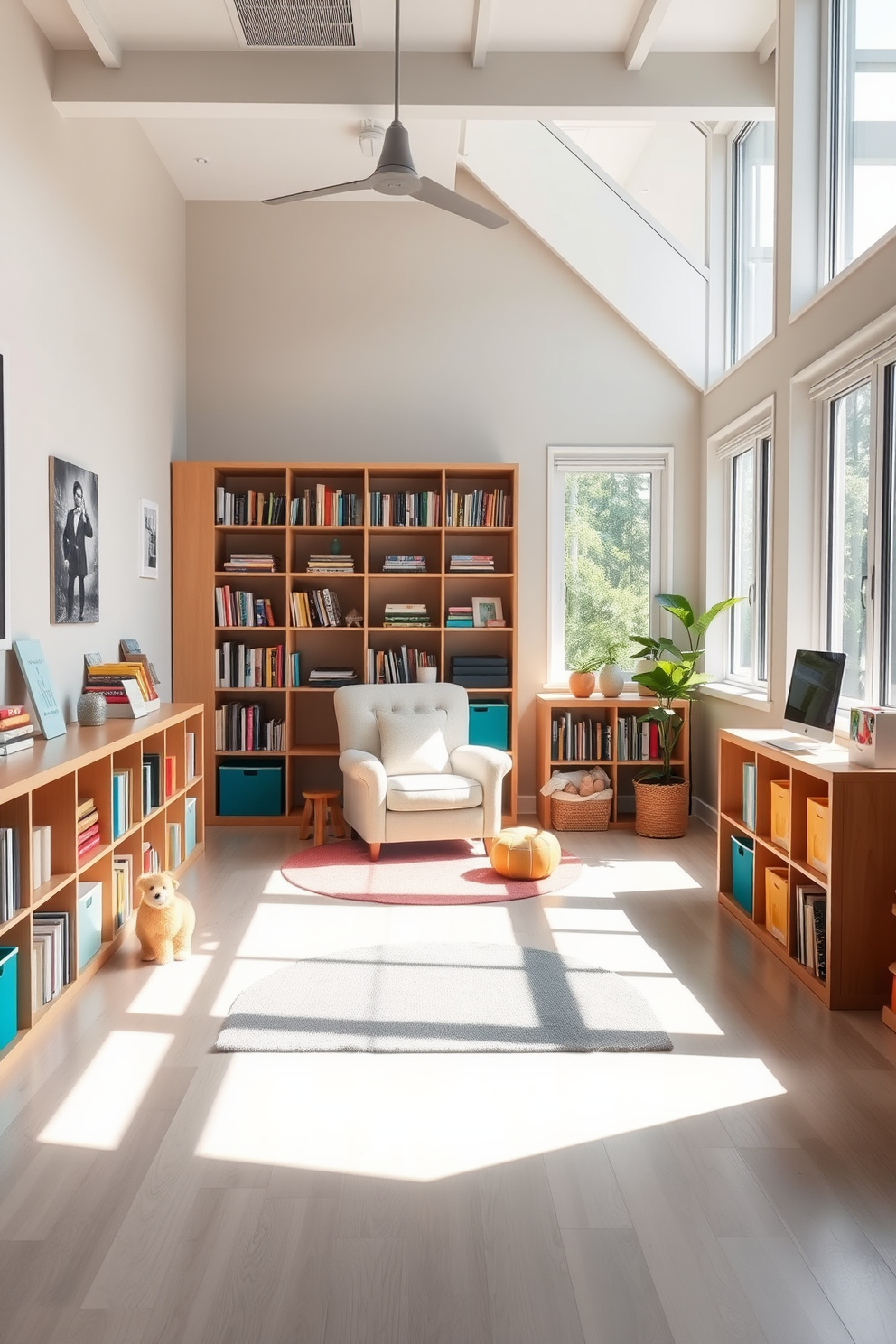 A bright office playroom filled with natural light streaming through large windows. The space features a cozy reading nook with a plush armchair, colorful shelves filled with books, and a playful rug on the floor.