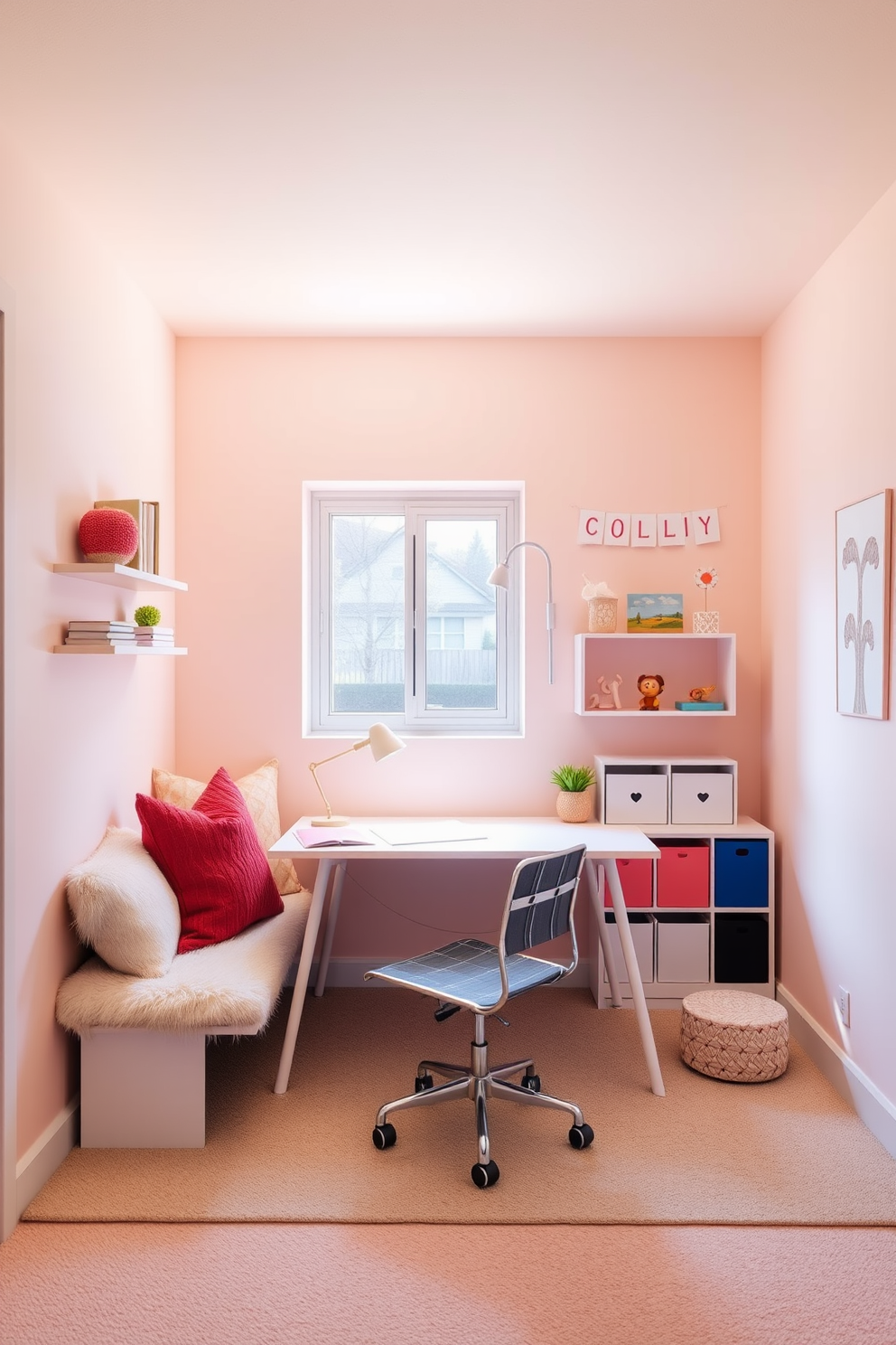 Soft lighting creates a warm and inviting atmosphere in the office playroom. The space features a cozy seating area with plush cushions and a large window allowing natural light to filter in. The walls are painted in soft pastel colors to enhance the playful environment. A stylish desk is positioned near the window, complemented by playful decor elements that inspire creativity.