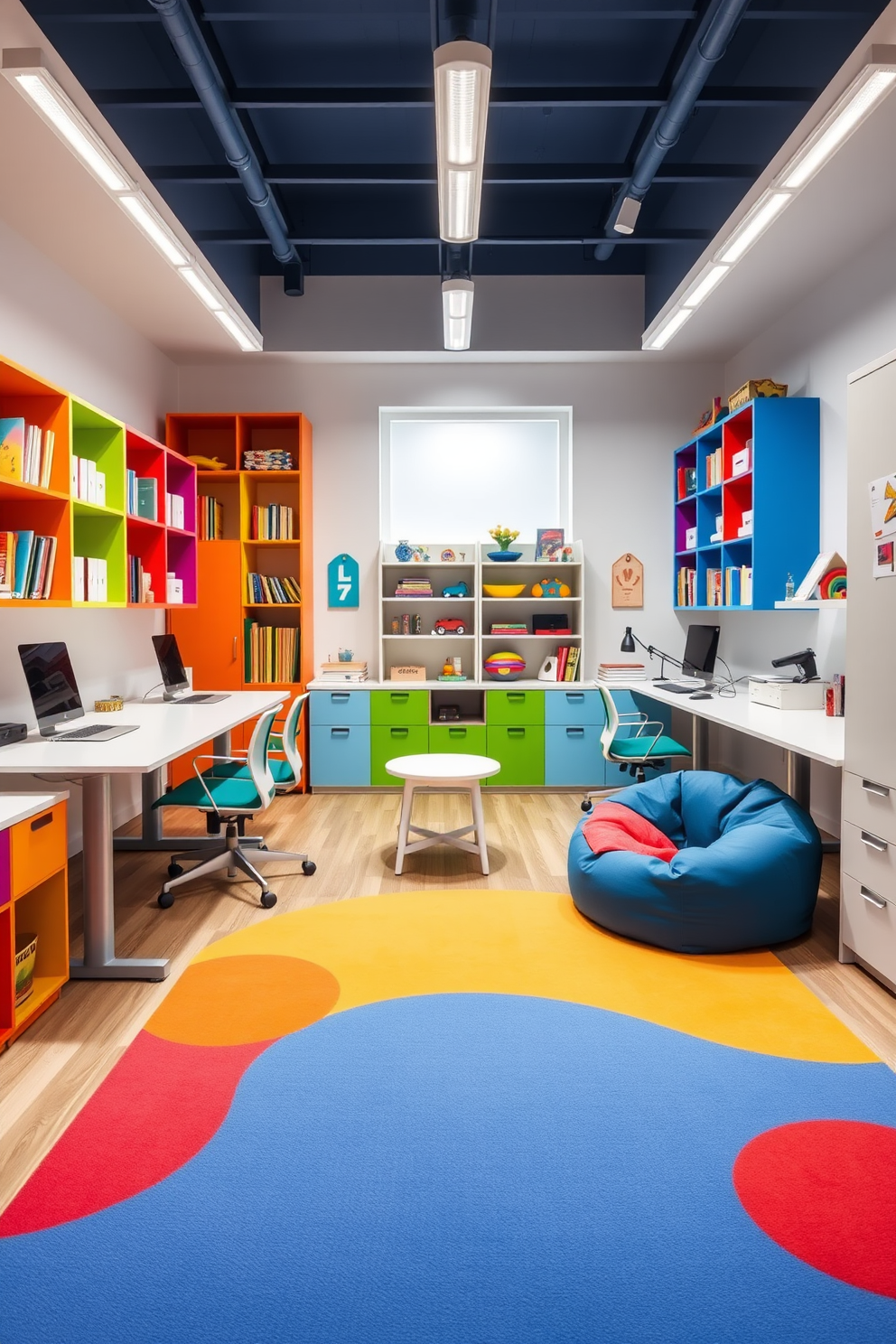 A vibrant playroom designed for creativity and fun. The room features a small climbing wall made of colorful holds, encouraging physical activity and play. Adjacent to the climbing wall, a cozy reading nook is set up with plush bean bags and a small bookshelf filled with children's books. Brightly colored rugs and wall art add to the playful atmosphere, making it an inviting space for kids to explore and learn.