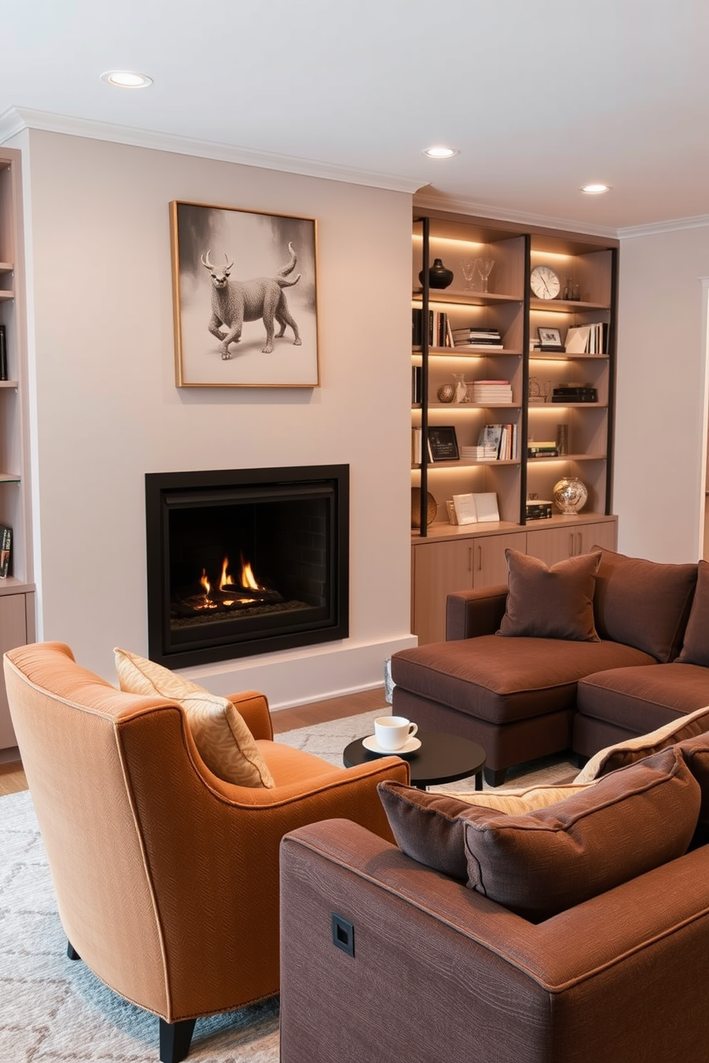 Cozy reading nook with soft lighting. A plush armchair upholstered in a warm fabric sits in the corner, accompanied by a small side table holding a steaming cup of tea. Open Basement Design Ideas. The space features a large sectional sofa facing a modern fireplace, with stylish shelving units filled with books and decorative items lining the walls.