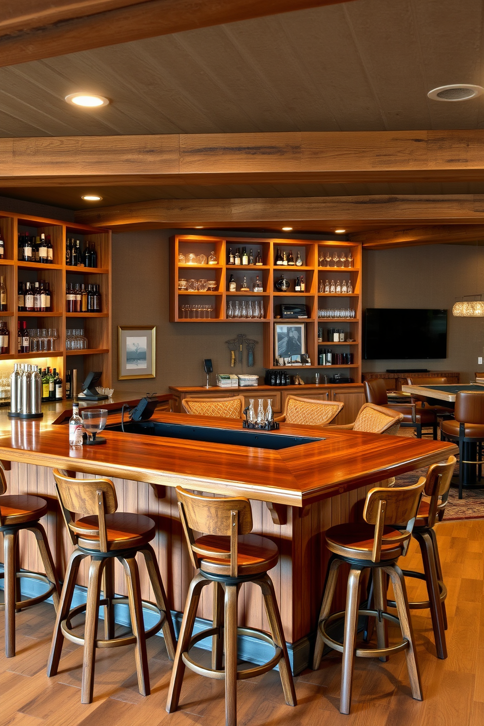 Elegant wine cellar with tasting table. The walls are lined with custom wooden racks displaying an extensive collection of wine bottles, illuminated by soft ambient lighting. In the center, a polished wooden tasting table is surrounded by high-backed chairs, creating an inviting space for intimate gatherings. The floor features rich dark tiles, and a large window allows natural light to filter in, enhancing the warm atmosphere. Open basement design ideas. This space showcases a seamless blend of functionality and style, with a cozy lounge area featuring plush sofas and a modern entertainment center. Natural light pours in through large windows, while a small kitchenette provides convenience for hosting guests, making it the perfect retreat for relaxation and entertainment.