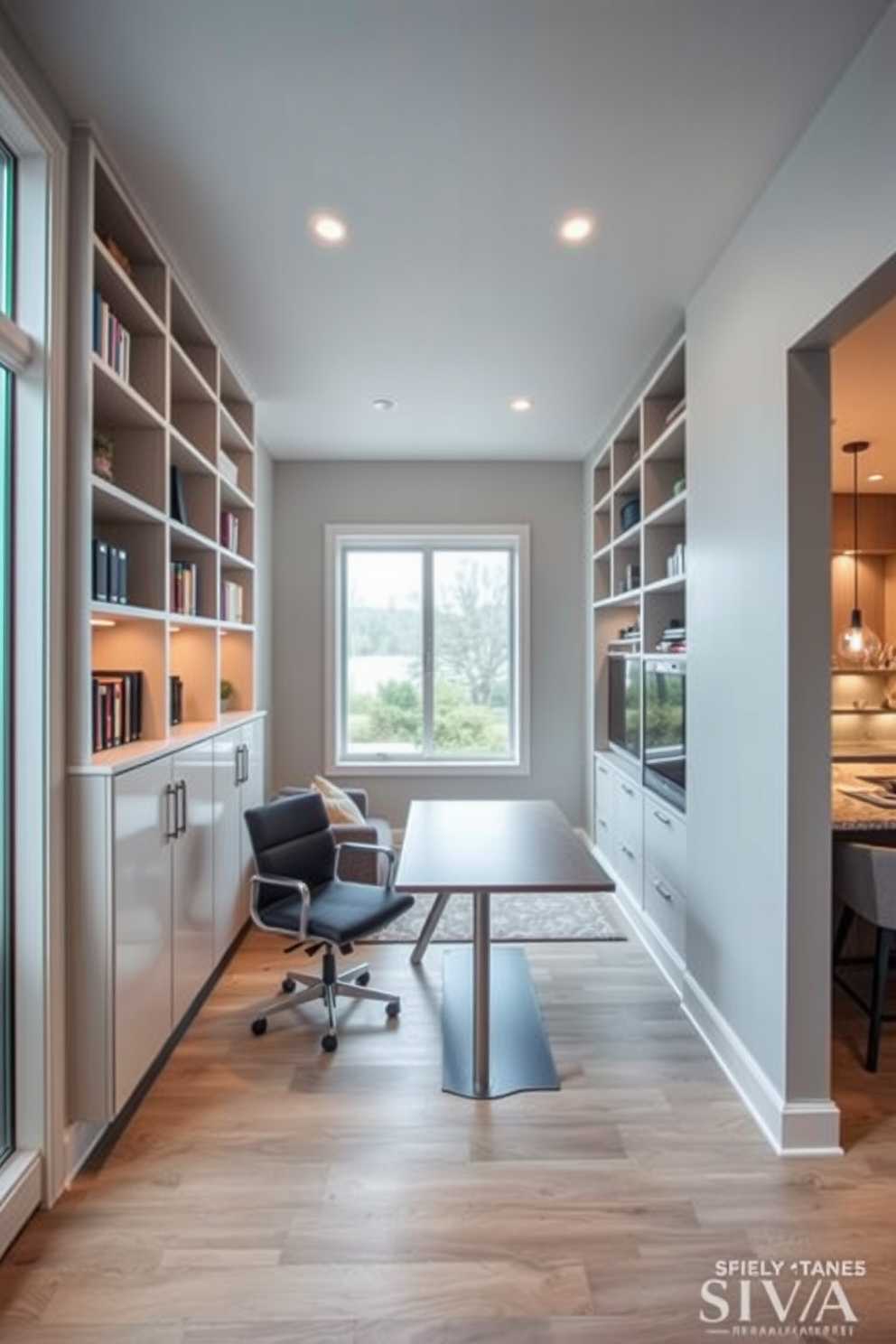 A modern home office featuring built-in shelving that stretches from floor to ceiling. The sleek desk is positioned in front of a large window, allowing natural light to flood the space. An open basement design that combines a cozy lounge area with a stylish bar. The space is adorned with comfortable seating and soft lighting, creating an inviting atmosphere for gatherings.