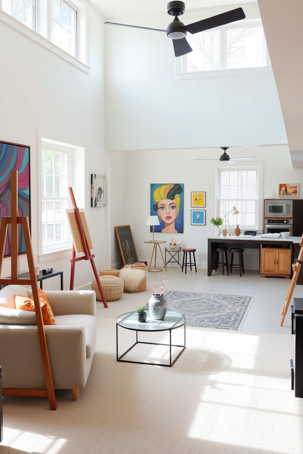 Art studio with easels and creative space. The room is filled with natural light from large windows, illuminating the colorful artwork displayed on the walls. Open basement design ideas. The space features a cozy seating area with a plush sofa and a modern coffee table, complemented by a small kitchenette for entertaining guests.