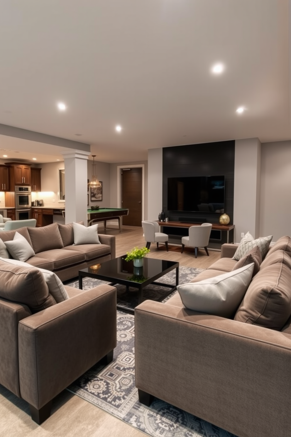 A cozy family lounge featuring plush sofas arranged around a modern coffee table. A large flat-screen TV is mounted on the wall opposite the seating area, with soft ambient lighting enhancing the inviting atmosphere. An open basement design that maximizes space and functionality. This area includes a recreational zone with a pool table, a small kitchenette, and comfortable seating for entertaining guests.