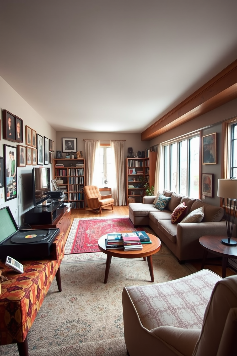 A cozy living room filled with vintage decor featuring retro furniture pieces. The space includes a mid-century modern sofa with bold patterned upholstery and a round wooden coffee table adorned with a collection of colorful books. The walls are decorated with eclectic art pieces and framed photographs from the 70s. A vintage record player sits in the corner, accompanied by a collection of vinyl records, creating a nostalgic atmosphere. An open basement design that maximizes space and functionality. The area features a large sectional sofa facing a sleek entertainment center, with a wet bar along one wall for entertaining guests. Natural light floods the space through large windows, highlighting the warm wood tones and soft textiles used throughout. The design incorporates a cozy reading nook with a comfortable chair and bookshelf, making it an inviting retreat.